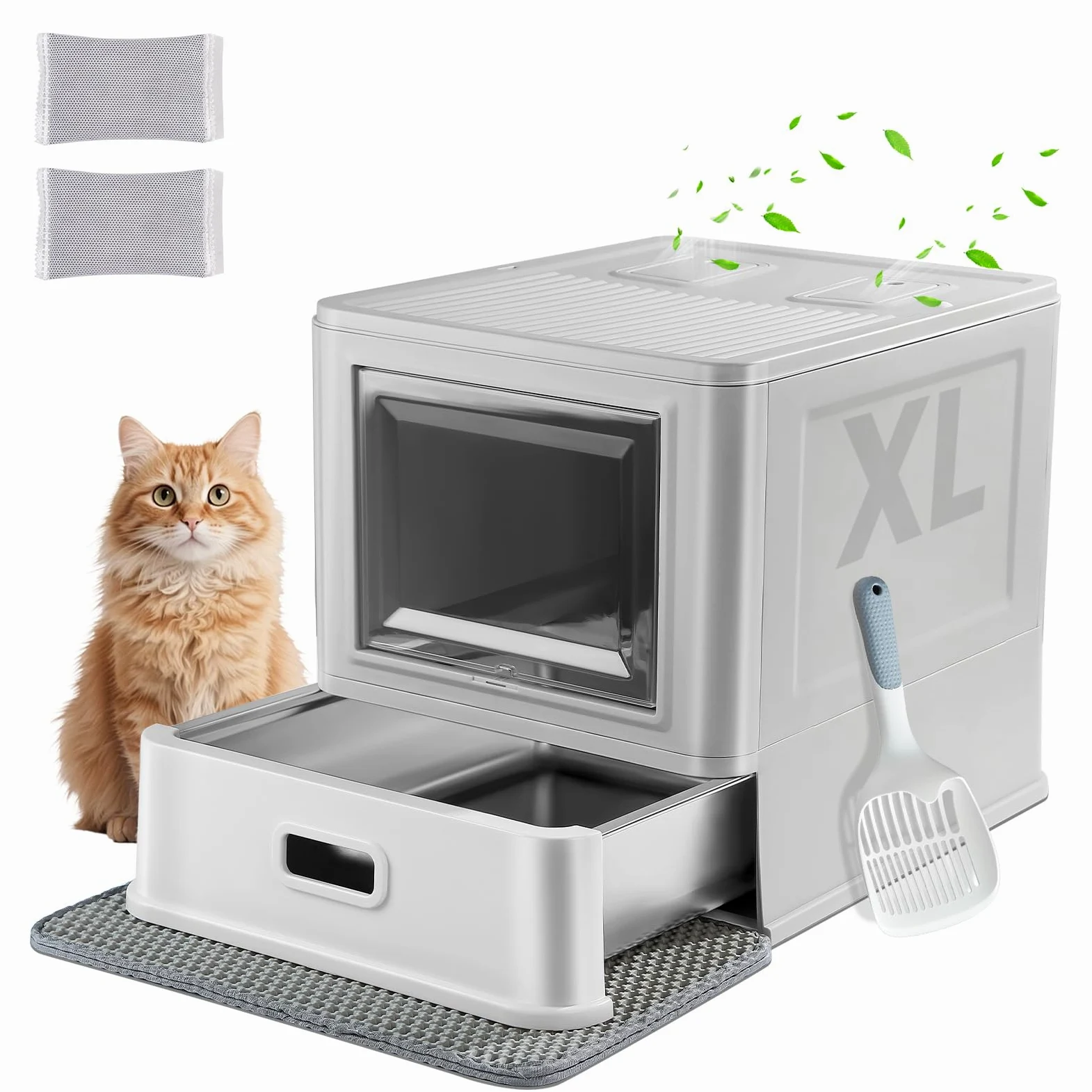 Marchul XL Lettiera per gatti grande, in acciaio inox, con coperchio e cassetto, pareti laterali alte con deflettori antispruzzo, vassoio più profondo con paletta e tappetino, inodore