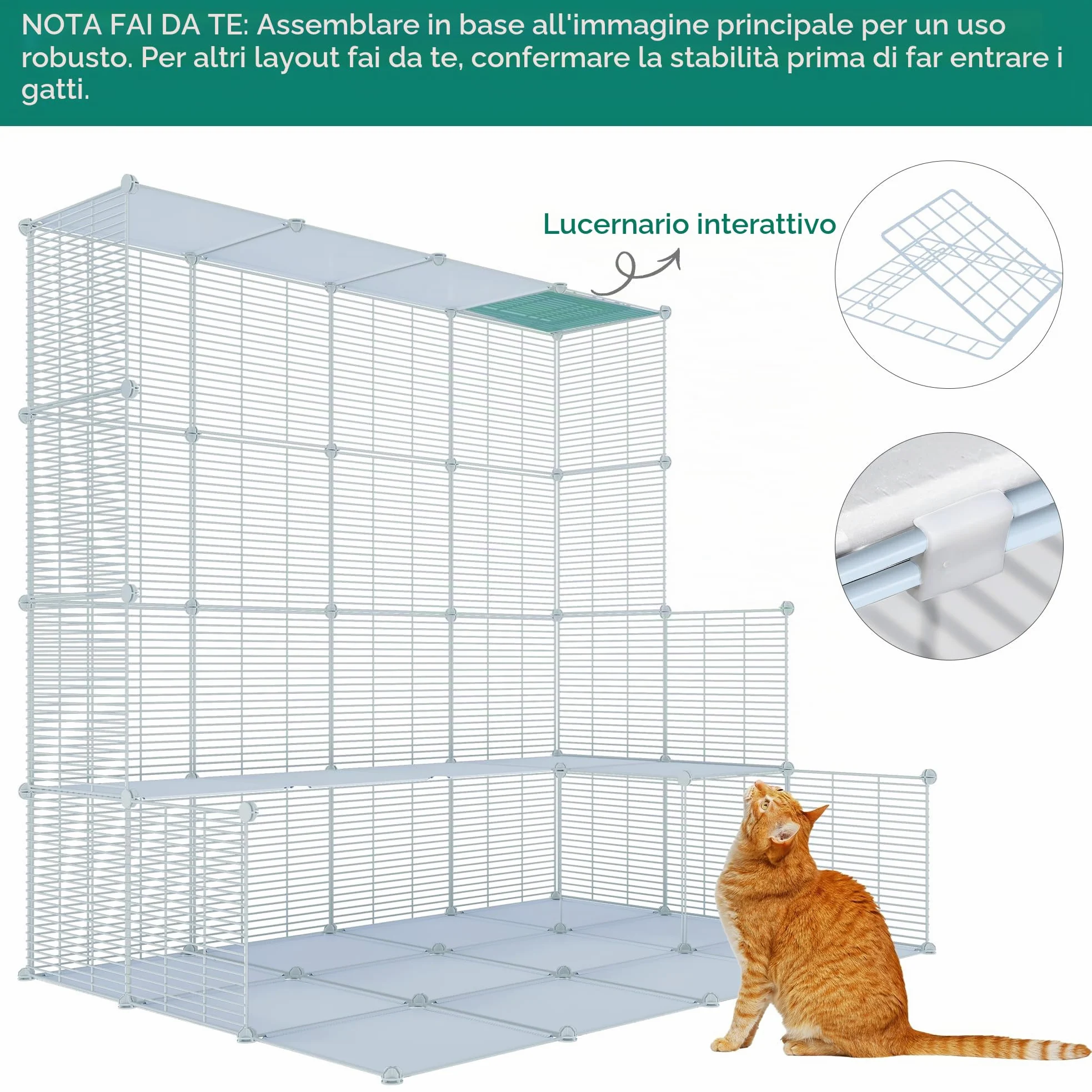 YITAHOME Recinto per Gatti a 3 Livelli Con 3 Porte, 2 Scale, Box in Metallo Con Amaca, Catio a Filo Denso Rimovibile per 1-2 Gatti, Bianco, 72x72x104 cm