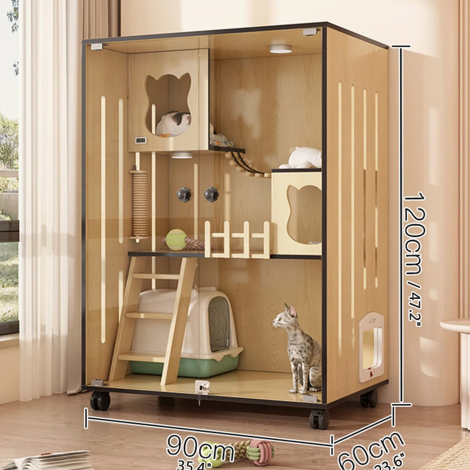 Recinzione per gatti in legno, grande, per interni ed esterni, con porte di fuga e rotelle, gabbia per gatti chiusa multi-funzione, per casa o negozio di animali domestici