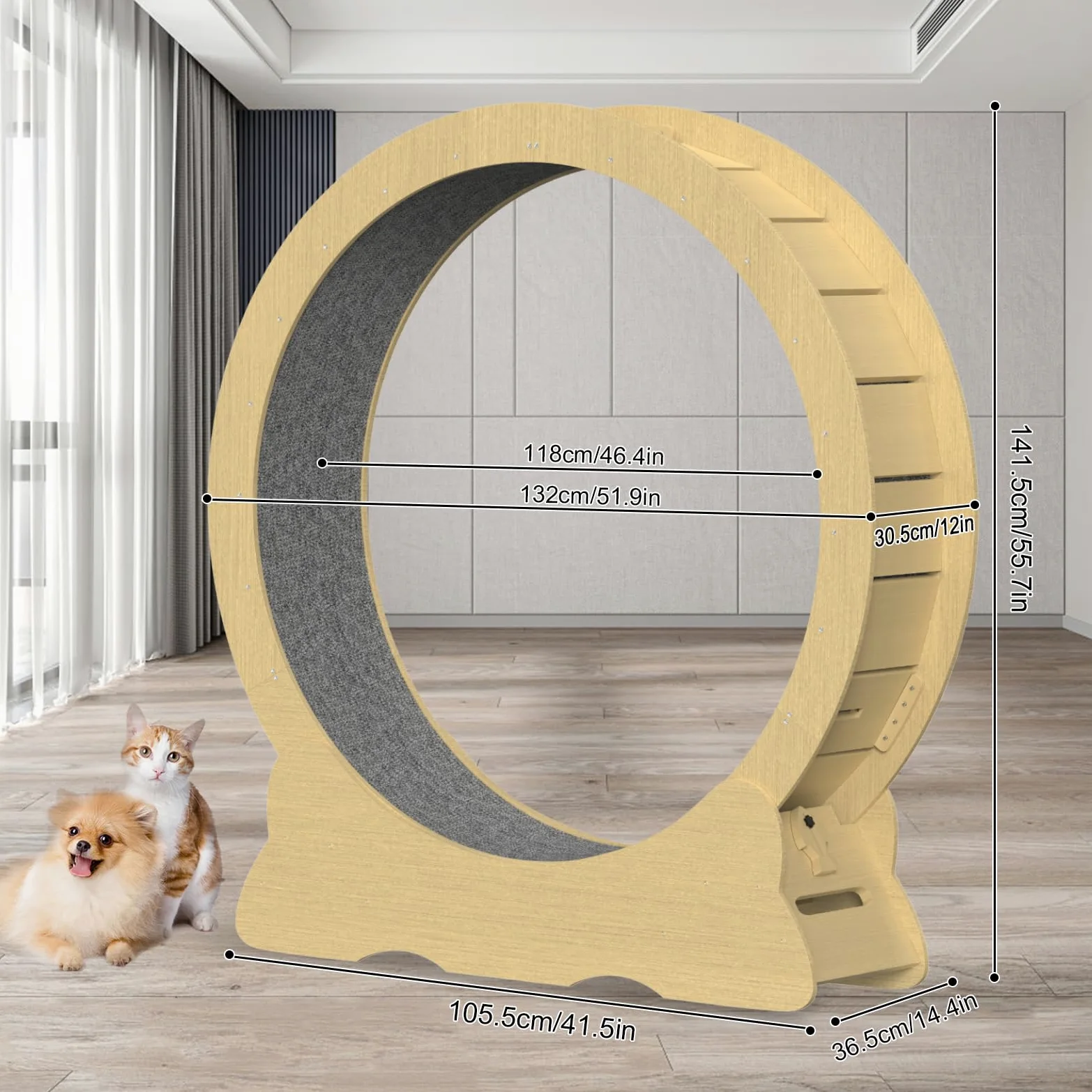 Tapis Roulant per Gatti, 132cm Ruota da Corsa per Gatti in Legno, Ruota per Esercizi per gati, Super Silenzioso, Tapis Giocattolo per gati in Casa (Naturale, XXL)