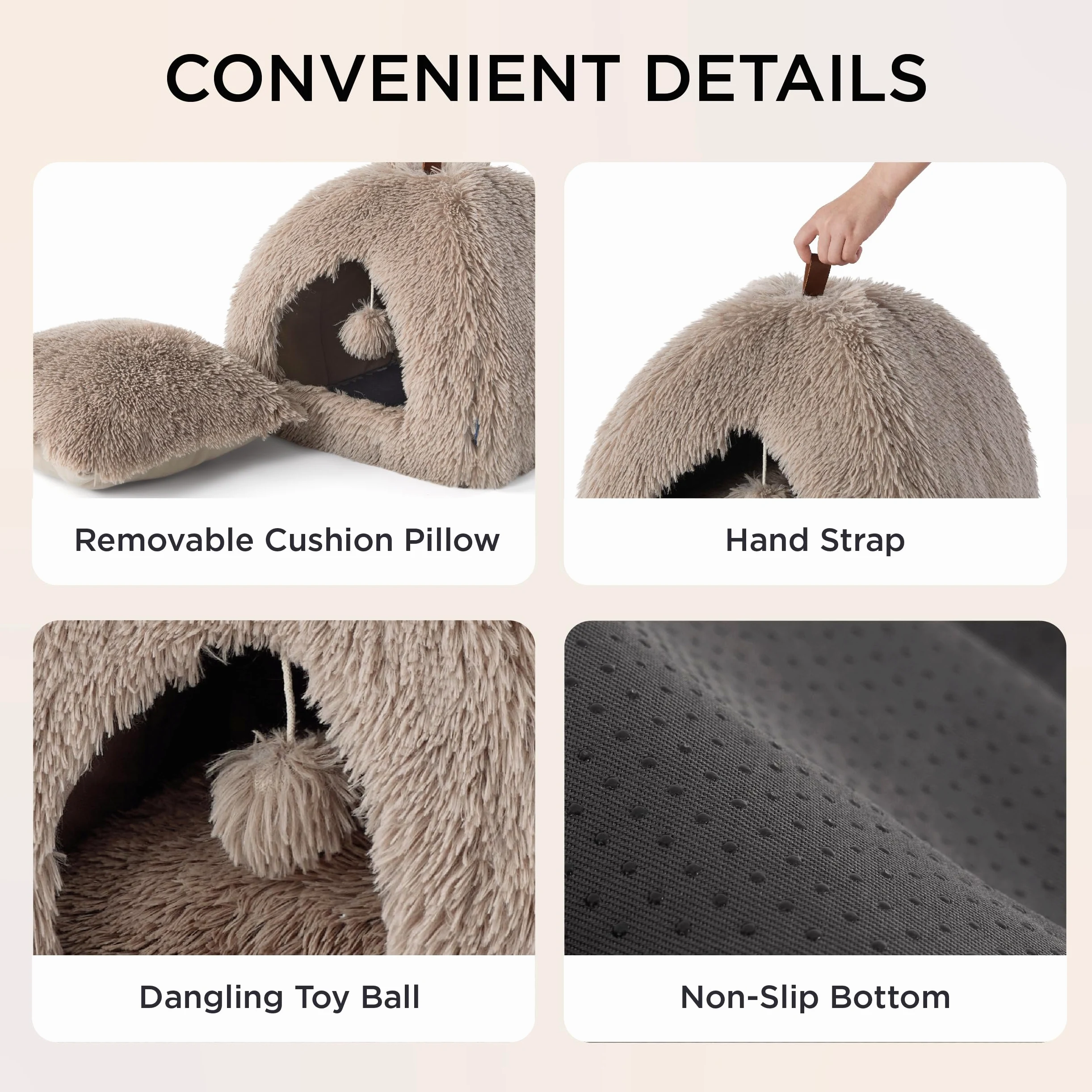 Bedsure Cuccia per gatti grande - 44x44x44 cm Casetta per gatti in peluche per interni con cuscino rimovibile e giocattolo appeso, lettino per gatti lavabile, cammello