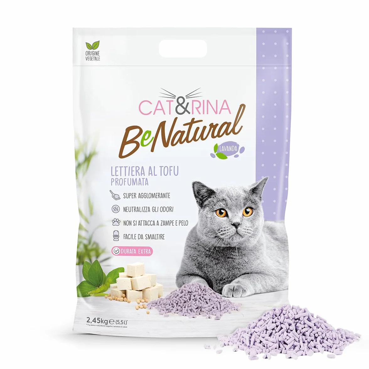 Cat&Rina BeNatural, lettiera per gatti al tofu da 5,5l Agglomerante e Vegetale. Fino a 30 giorni di utilizzo. Si smaltisce nell'organico o nel wc. Sabbia gatti anti odore Lavanda, 6 pezzi