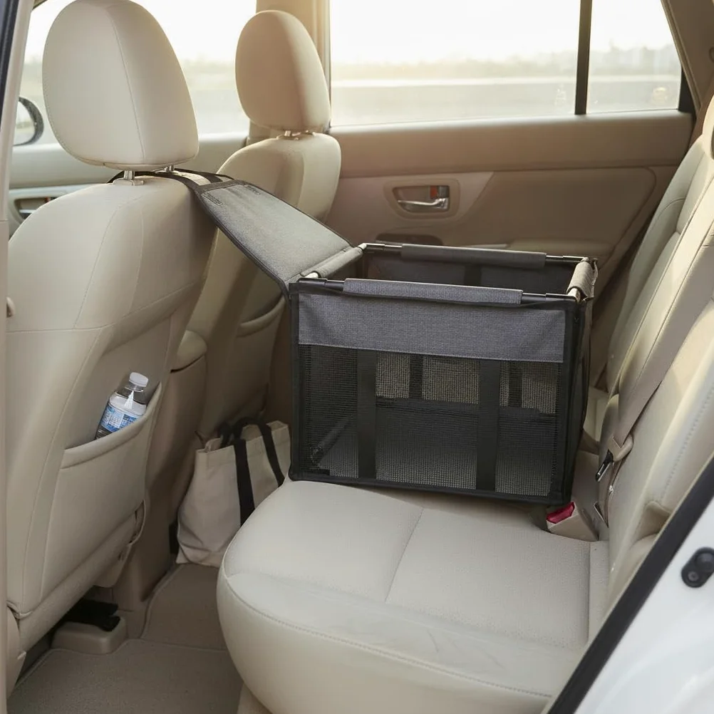 Seggiolino Auto per Animali Pieghevole, Nero e grigio | Rivestimento in tela, Postazione Auto Gatti, Visite dal veterinario, Per Genitori di Animali