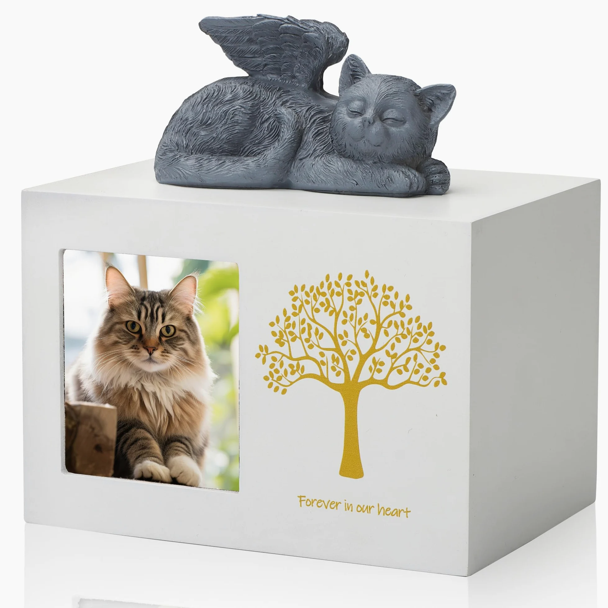 Urna per ceneri di gatto, urna in legno bianco per ceneri di gatto, scatola dei ricordi per gatti, con statua in resina e sacchetto per ceneri
