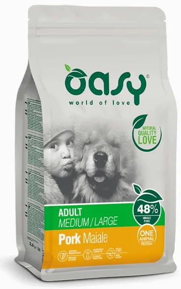 Adult Maiale Oasy Medium/Large 10kg, alimento completo per cani adulti di taglia media e grande, monoproteico, contro intolleranze alimentari,sensibilità cutanea o intestinale 10kg.