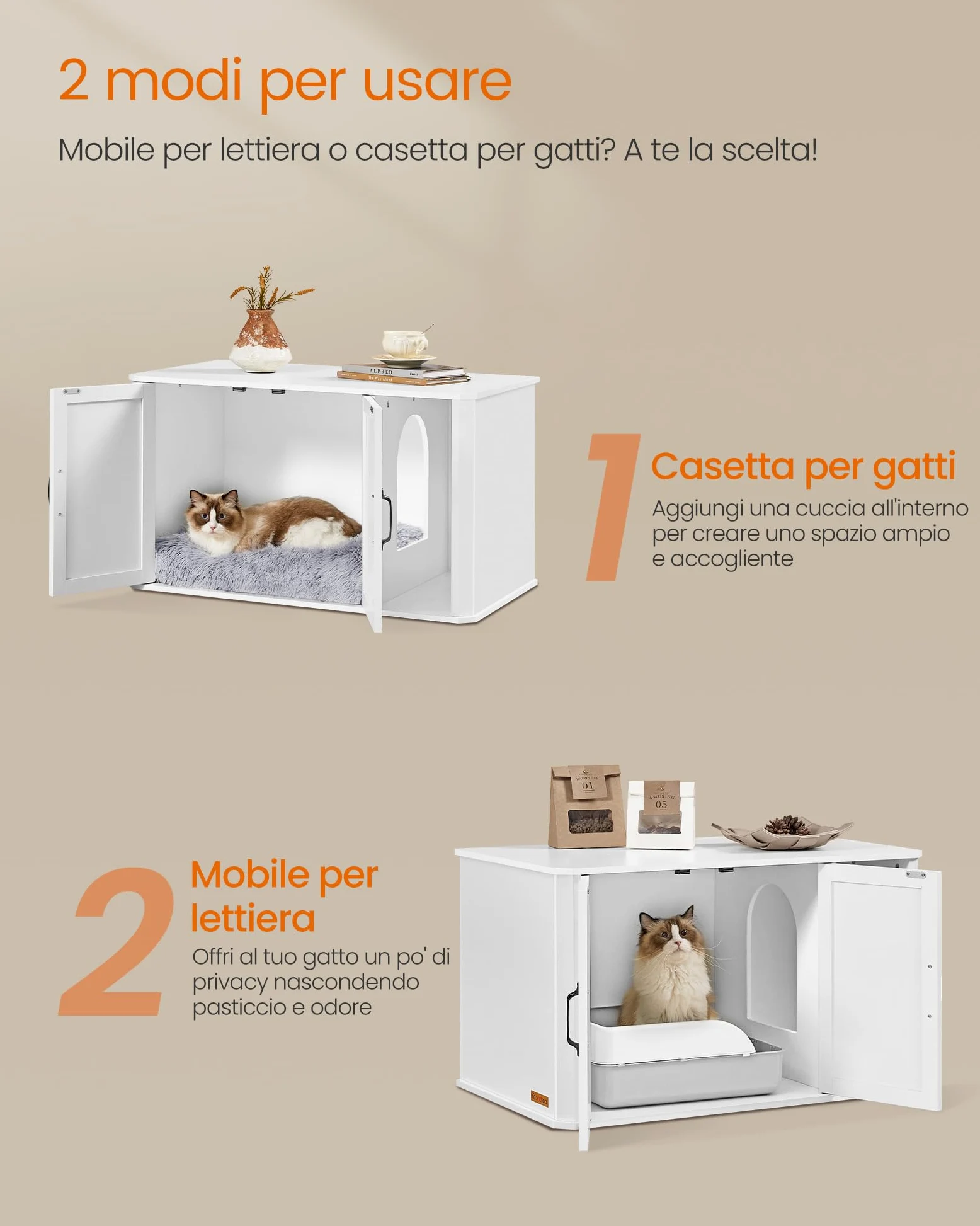 Feandrea Mobile per Lettiera, Mobile Moderno per Lettiera Nascosto, con Ingresso Frontale, Doppie Porte, Maniglie, Casetta per Gatti, Tavolino Laterale, 85 x 48,5 x 50 cm, Bianco Nuvola PCL012W01