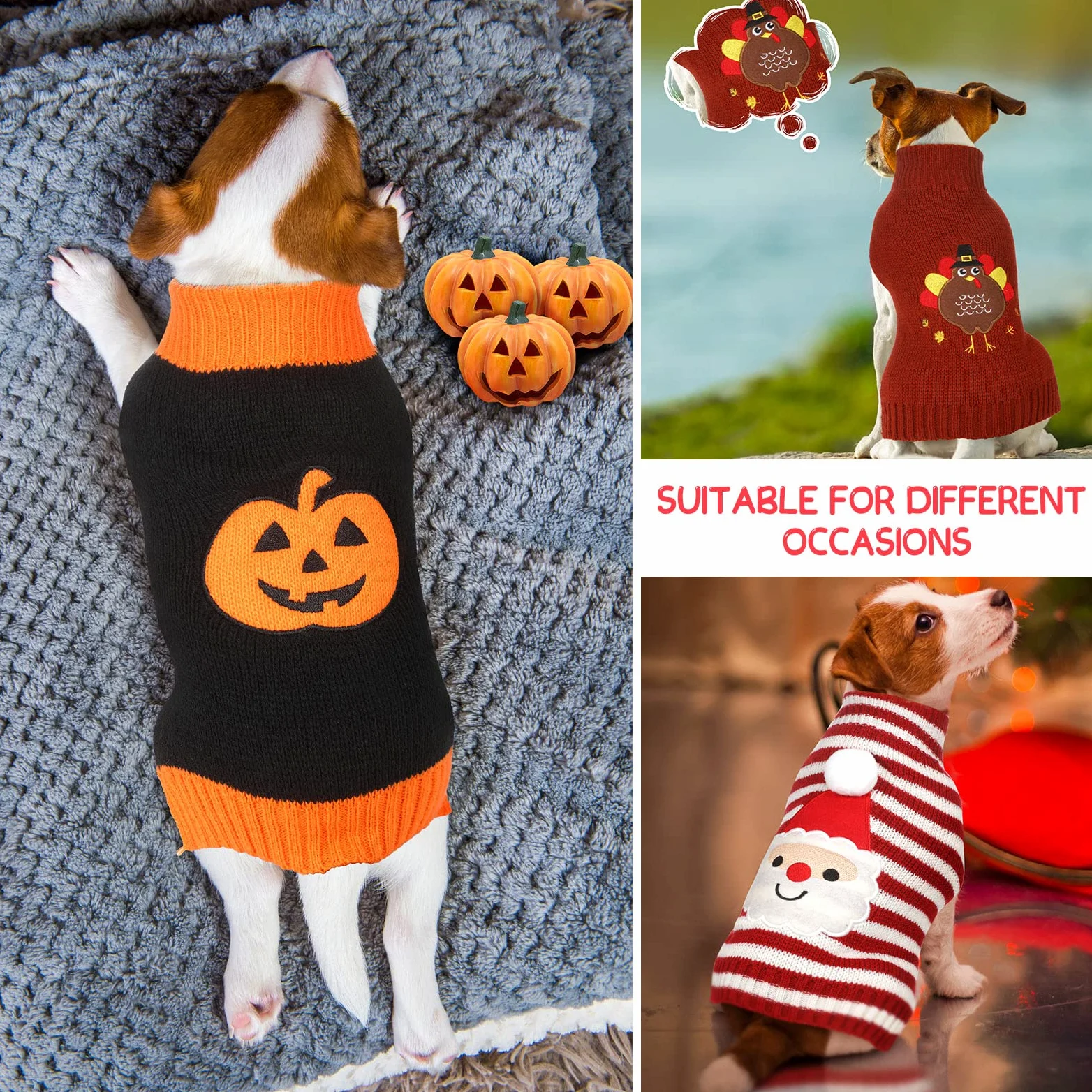 3 pezzi Halloween Ringraziamento Natale cane maglioni set zucca tacchino santa cucciolo cane vestiti maglia PET per cane gatto animale domestico costume (S)