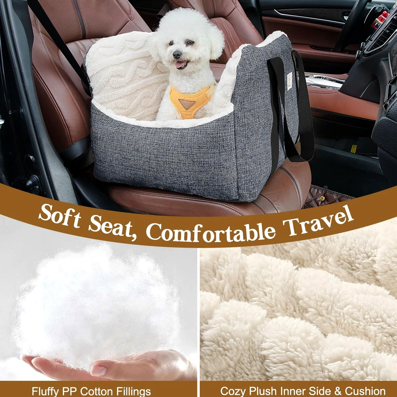 Pawaboo Seggiolino Auto per Cani Piccoli, Sedile Auto con Fibbia Fissa e Guinzaglio di Sicurezza per Cuccioli, Seggiolino Auto con Letto Addensato, Letto da Viaggio per Cane Fino a 25Lb, Grigio