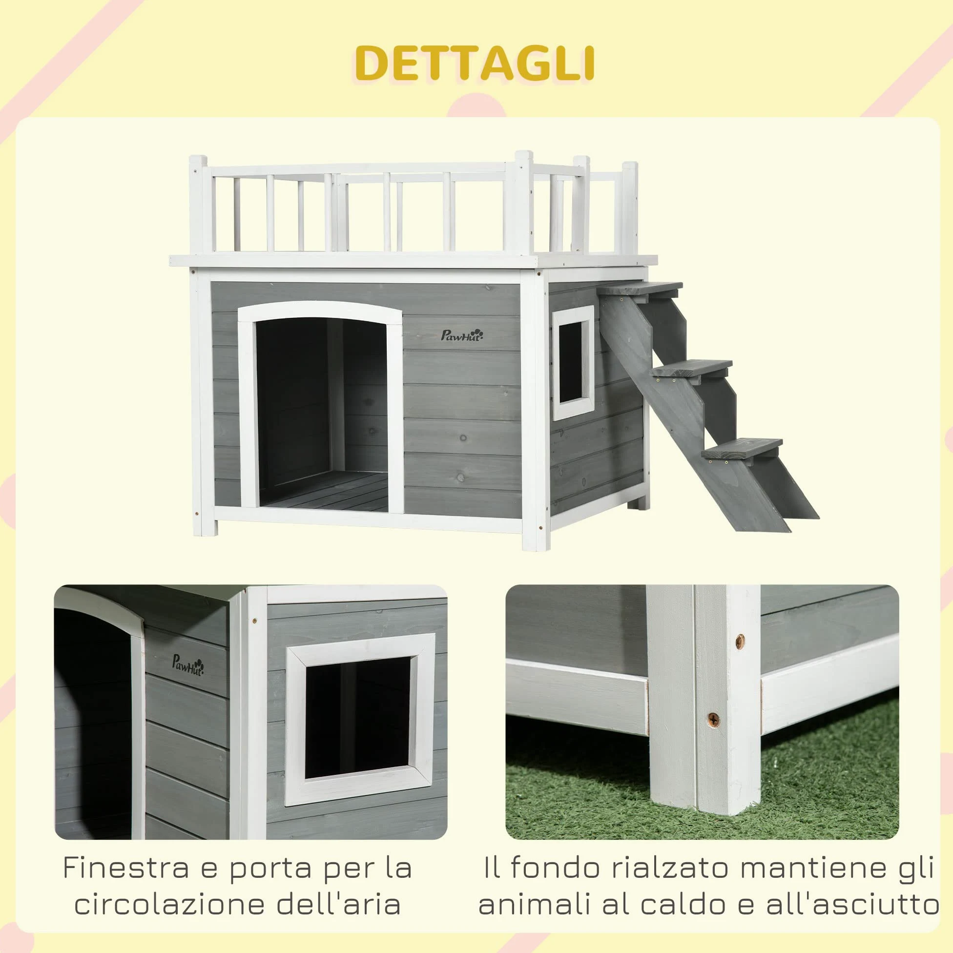 Pawhut Casetta per Cani di Piccola e Media Taglia con Terrazza, Scaletta e Finestra,121x77x78cm, Grigio chiaro