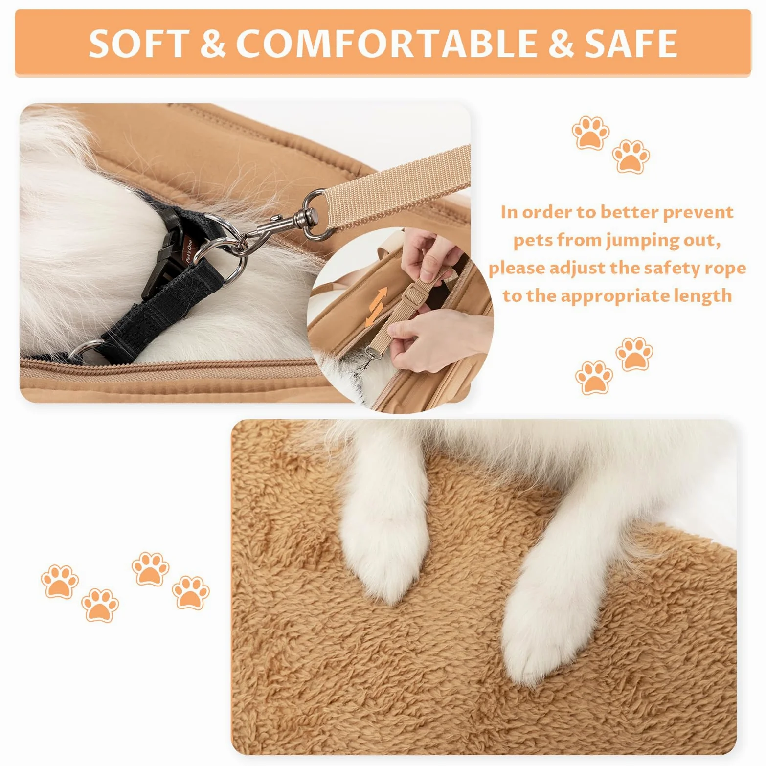 Petsfit Borsa per cani, guinzaglio di sicurezza regolabile, trasportino per animali domestici portatile, con tasche, fondo in TPU impermeabile, cachi