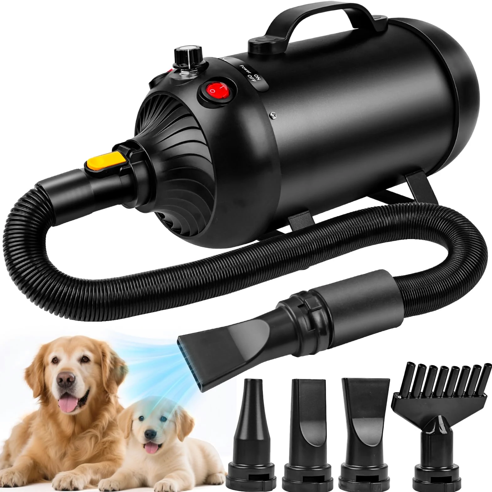 YAZEKY Soffiatore Professionale per Cani, soffiatore Silenzioso da 2800 W, soffiatore per Cani a Pelo Lungo, asciugacapelli per toelettatura Animali, velocità e Temperatura Regolabili con 4 ugelli