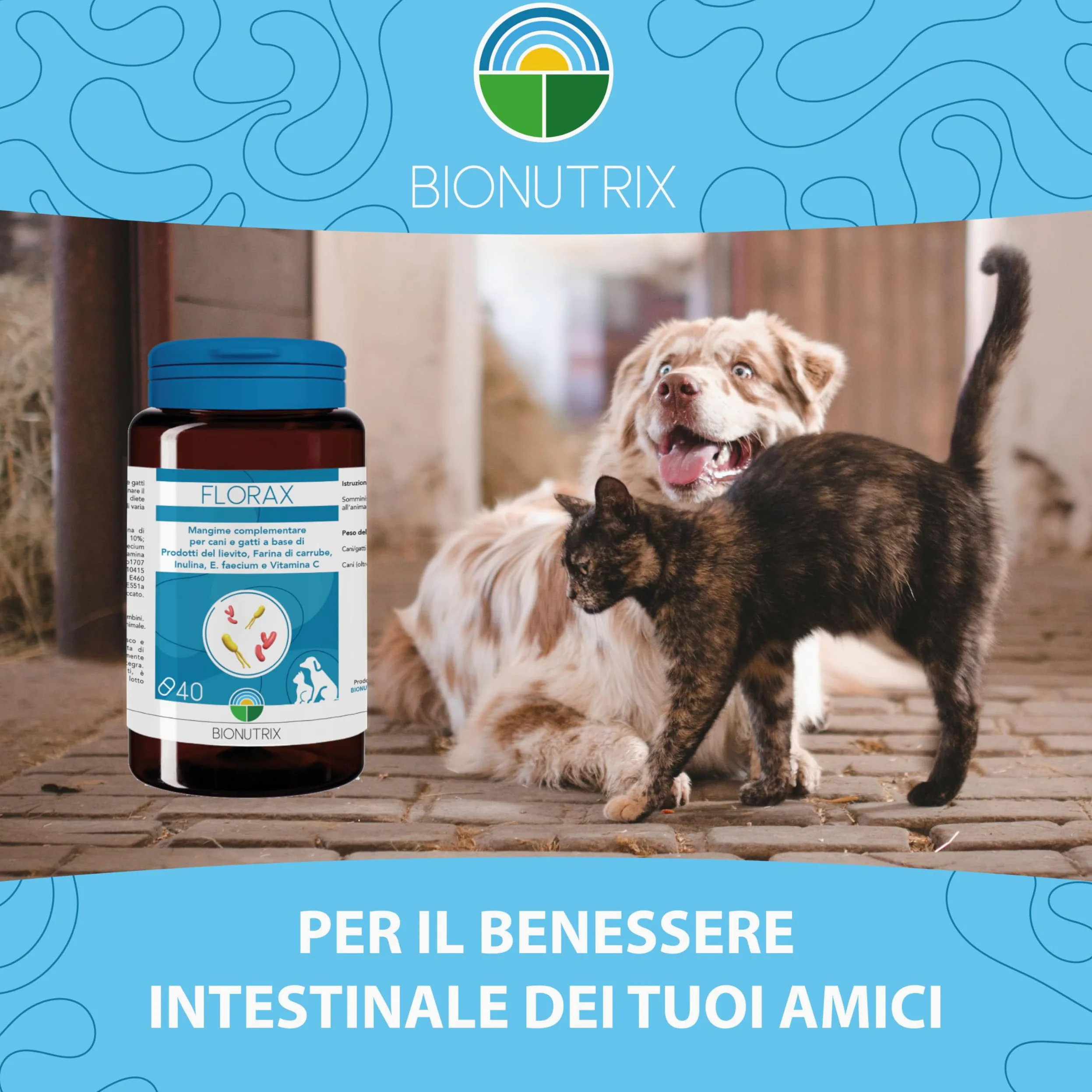 FLORAX | Probiotico per Cane e Gatto | 40 CPR Appetibili | Alto Dosaggio | Integratore Alimentare | Ripristino Flora Intestinale | MOS, E.faecium, Farina di Carrube, Inulina e Vitamina C | BioNutrix ®
