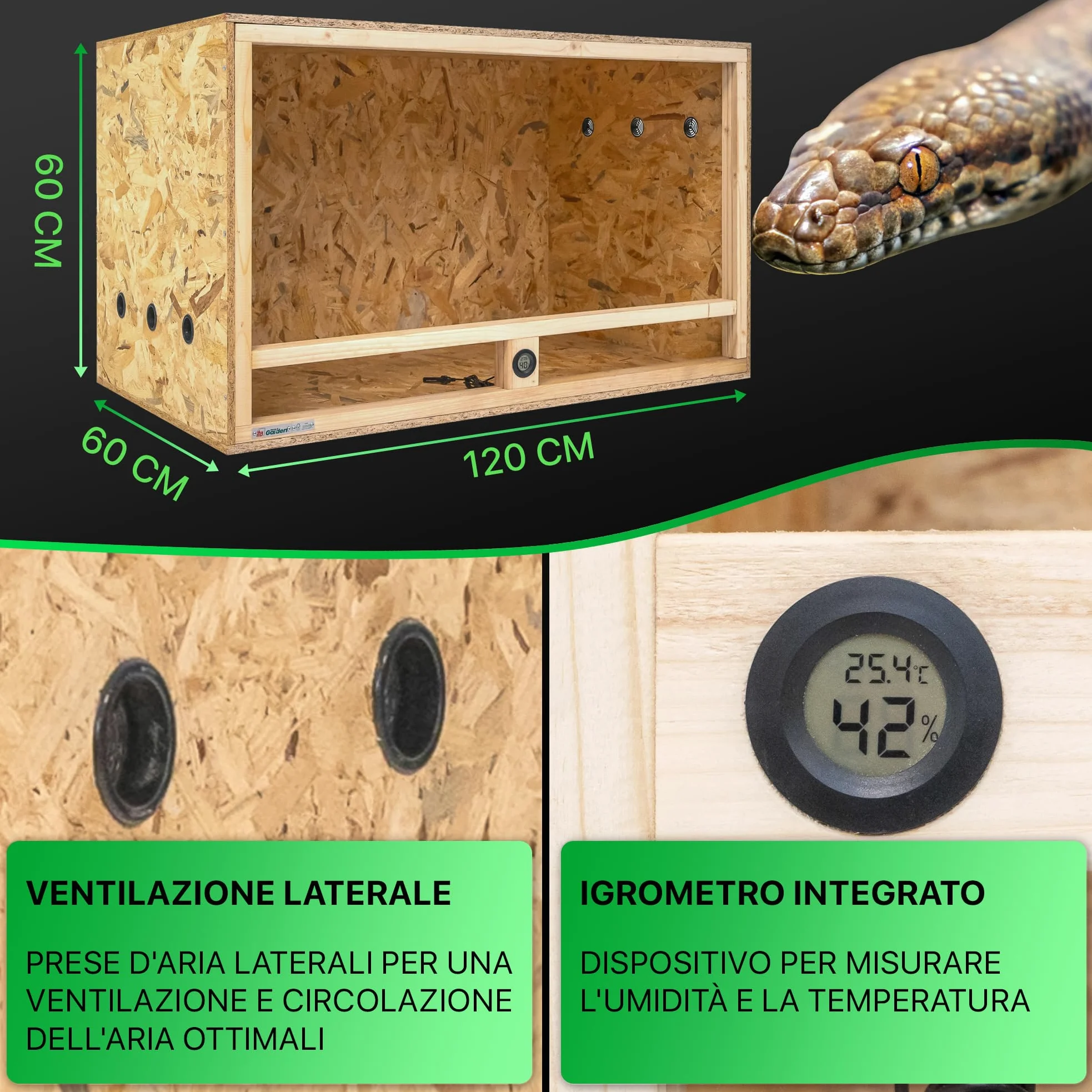 ITA Terrario in legno 120x60x60 cm con ventilazione laterale e igrometro integrato - Terrario in legno OSB-3 - Per rettili, serpenti, anfibi - Prodotto UE, certificato FSC