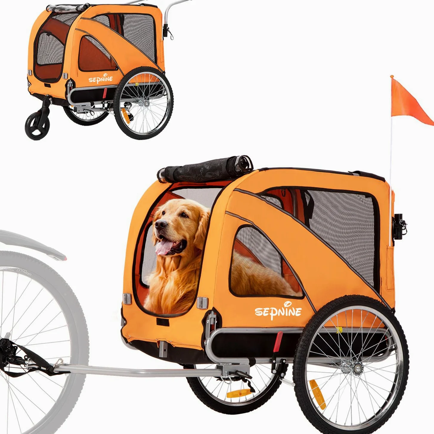 SEPNINE Rimorchio Per Cani 2 In 1 Per Bicicletta, Rimorchio Per Cani, Con Freni, Finestre In Plastica Trasparente Proteggono Dalla Pioggia