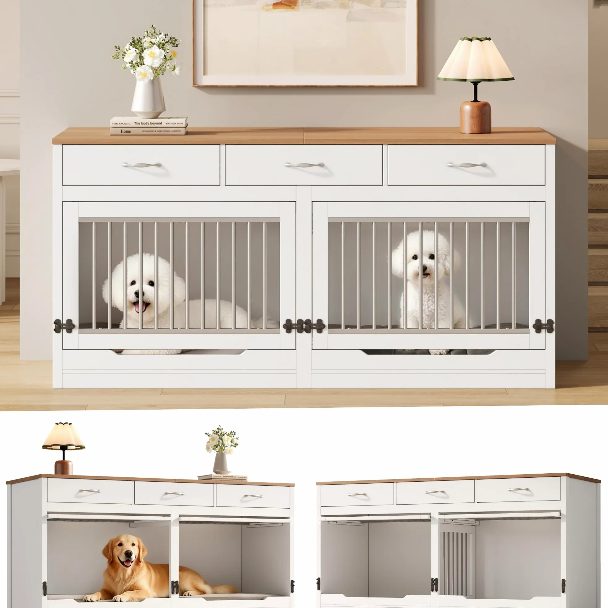 Gabbia per Cani in Legno e Metallo per 2 Cani 164x60x81 cm Cuccia Interna Coperchio Ribaltabile Divisorio Estraibile 3 Cassetti (Bianco + Effetto Legno)