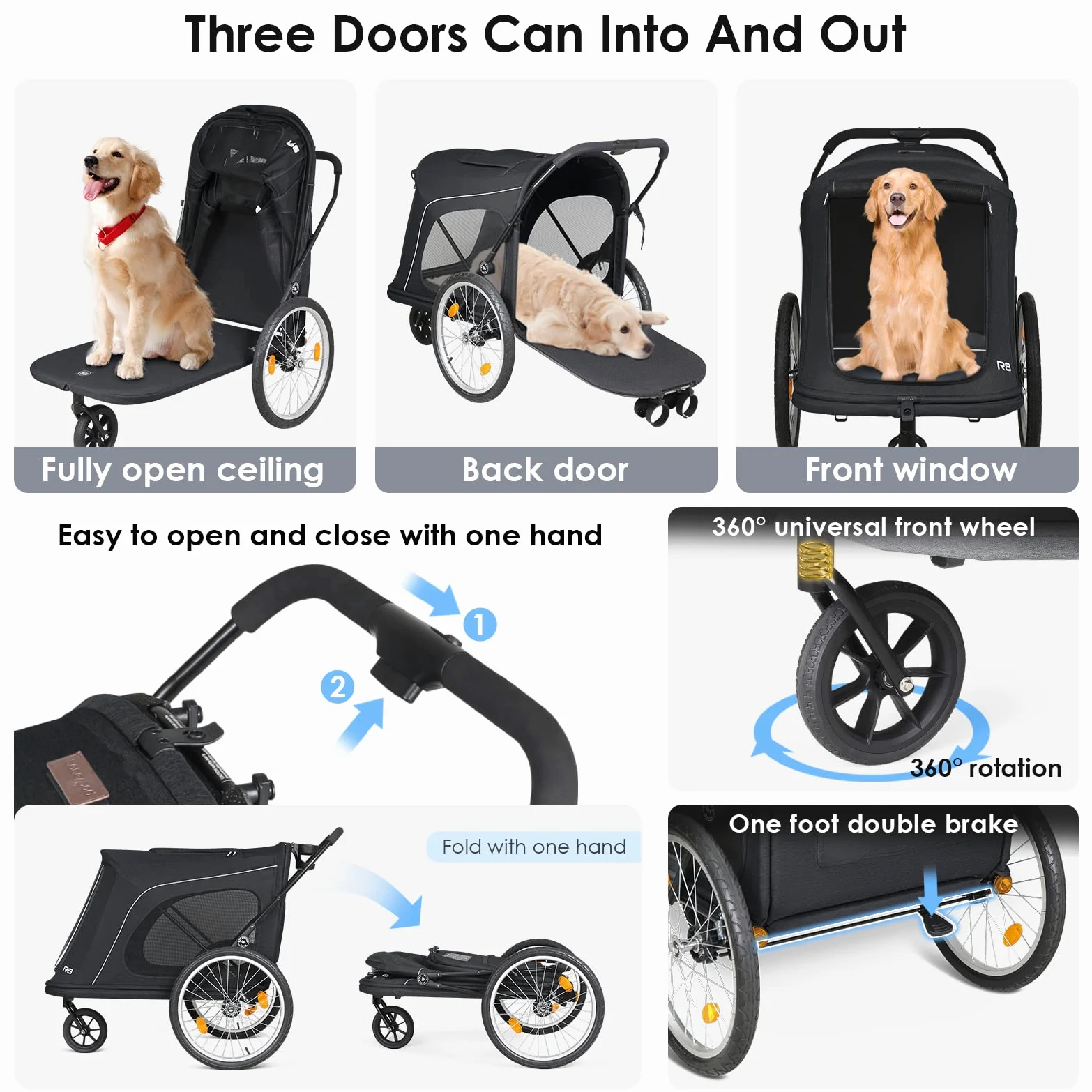 Beberoad 2 in 1 Rimorchio da Bicicletta e Passeggino per Cani, Rimorchio Bici per Cani con Porta Anteriore e Posteriore, Finestre a Rete e Tetto Apribile, Carico Massimo 45 kg