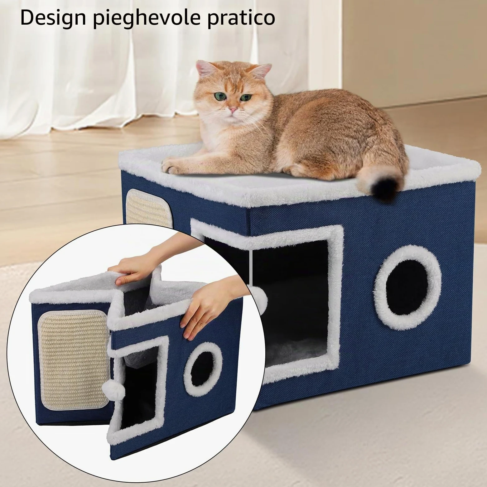 Cuccia per gatti pieghevole per Gatti indoor, 43*43*32 cm, grande cuccia per gatti con accogliente cuccia, palla sospesa, finestra rotonda, cubo per gatto a 2 strati con morbidi cuscini bifacciali,Blu