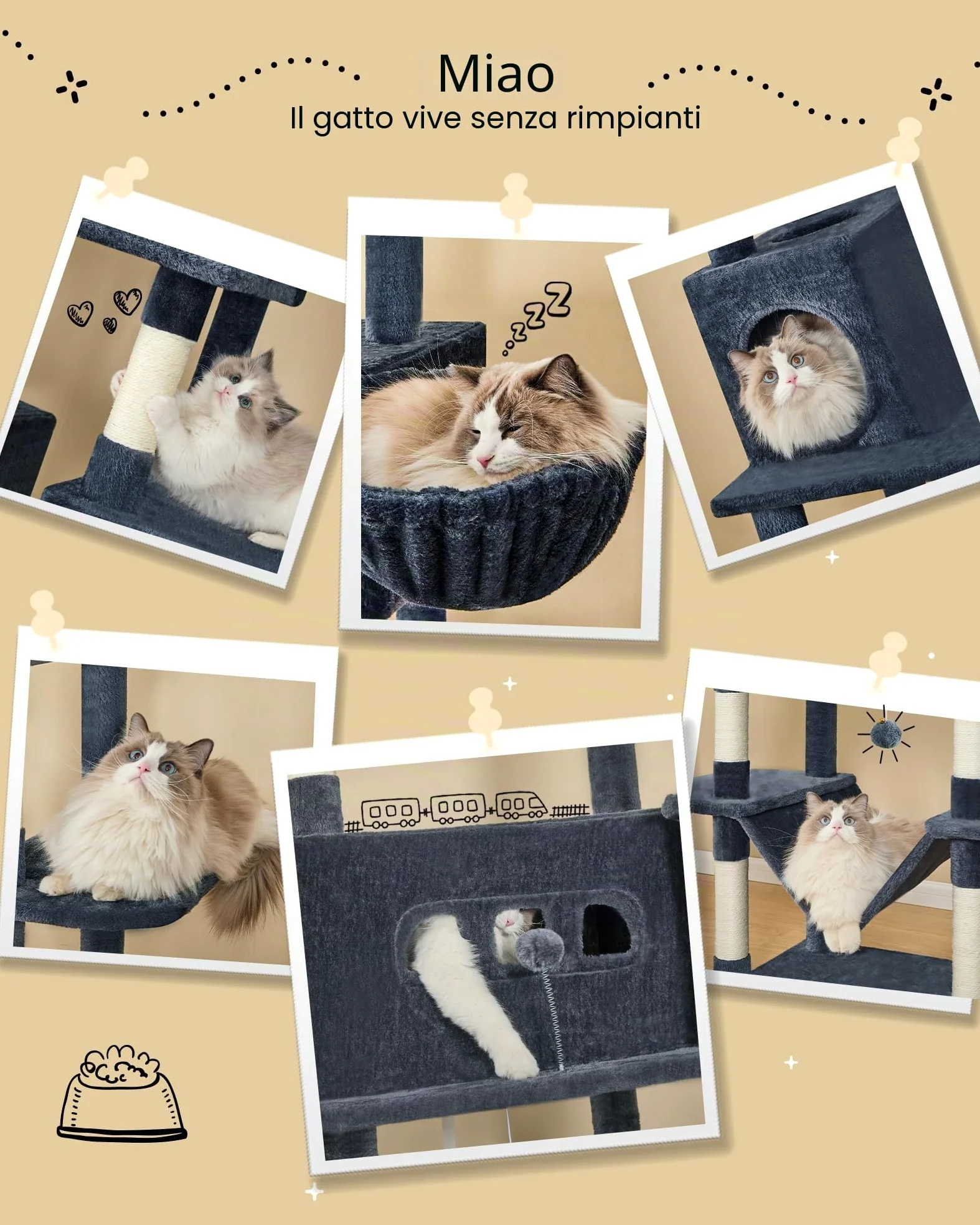 Hzuaneri Albero per Gatti, tiragraffi per gatti adulti 210 cm, xxl, giochi per gatti, Lavabile, trespolo per gattis con 2 Grotte, 8 Tiragraffi, Cestini, Amaca, Pompon, Grigio Scuro MS21018SG