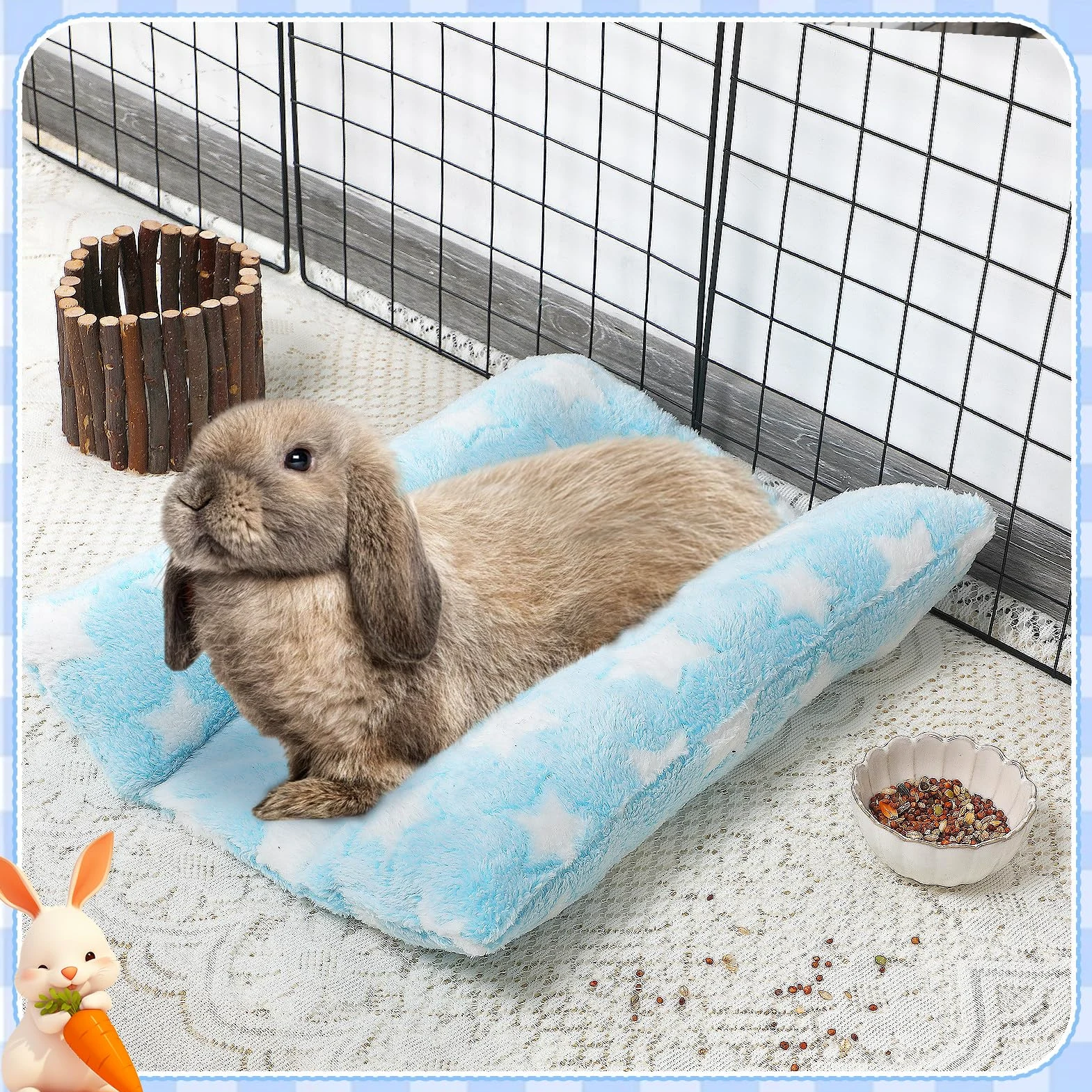 MEWTOGO Letto per coniglio, 30 x 35 cm, morbido letto concavo addensato, cuscino in peluche con cuscini in cotone per dormire in gabbia, idea regalo per coniglietti al coperto, celeste con stelle