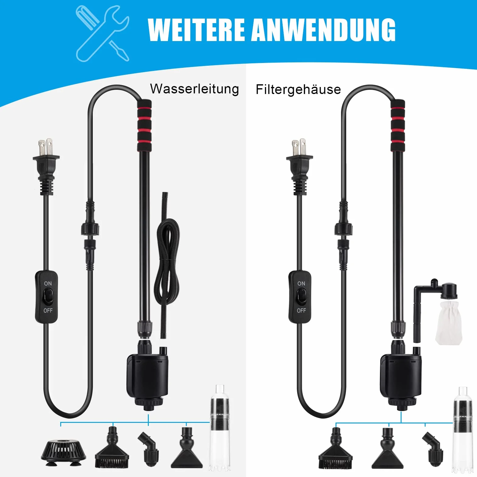 AQQA 6 in 1Elettrico Detergente per Ghiaia dell'acquario,aspirapolvere per sifone per acquario per assorbire lo sporco,Filtro Acqua Doccia,Kit di Pulizia Multifunzione