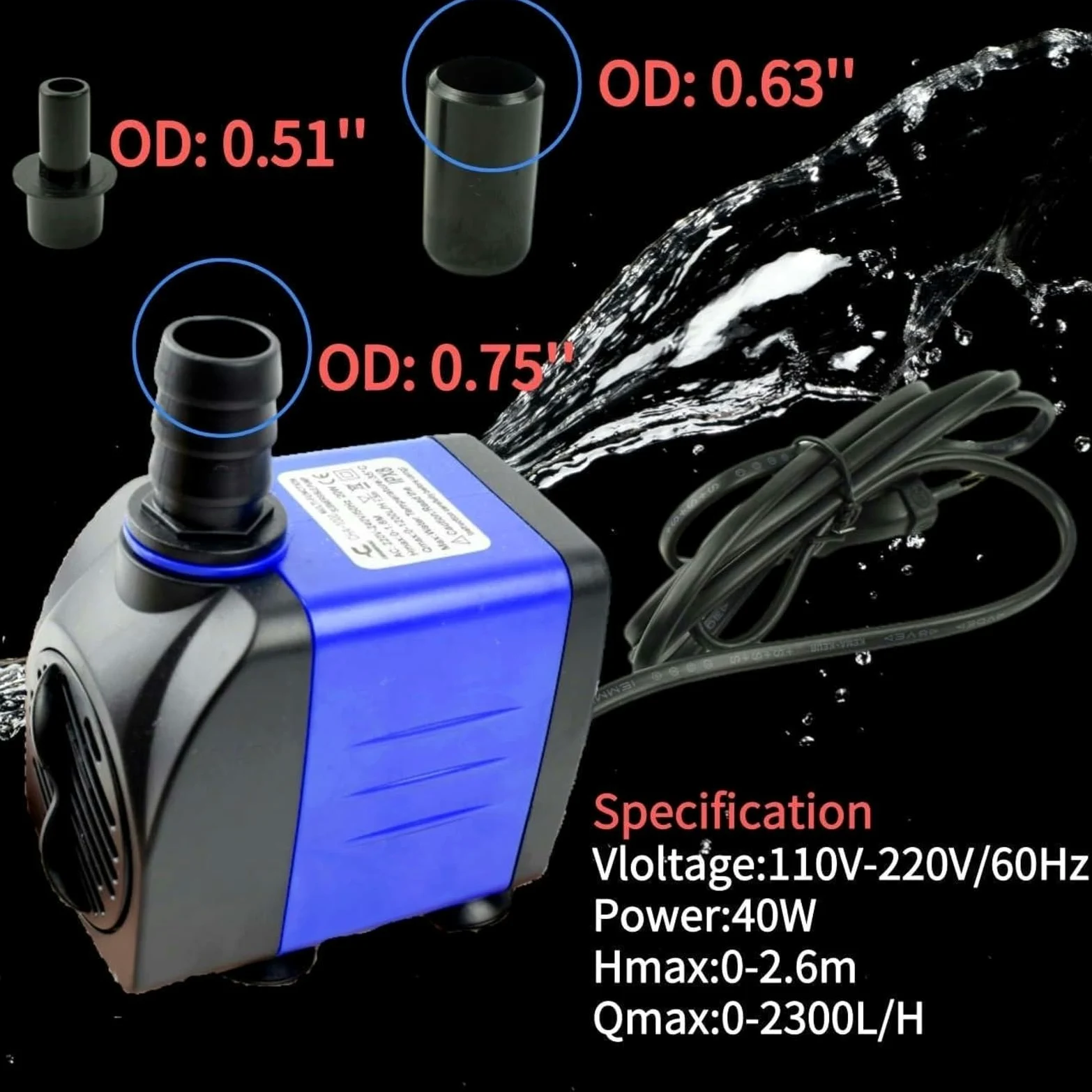 Conquerall CHA-2300 650GPH 2500L/H AC 220V Pompa sommergibile 40W durevole con aspirazione dal basso, alta prevalenza per acquari, fontane all'aperto, grandi laghetti, cascate, pompe idroponiche