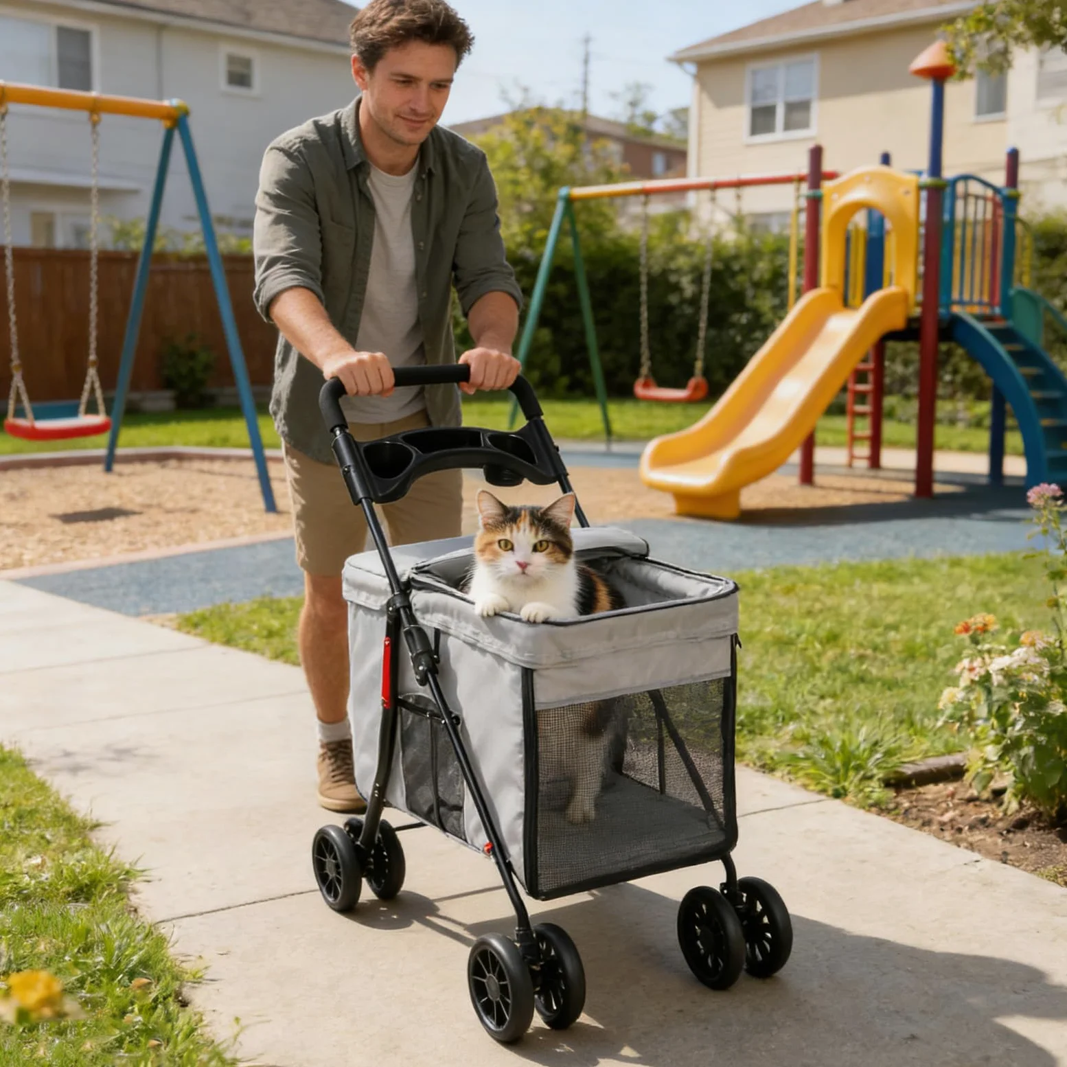 OHMG Passeggino cane gatto passeggino pieghevole cuscino incluso ruote con freno tessuto 600D Oxford acciaio per animali meno di 20 kg, 95 x 75 x 49 cm