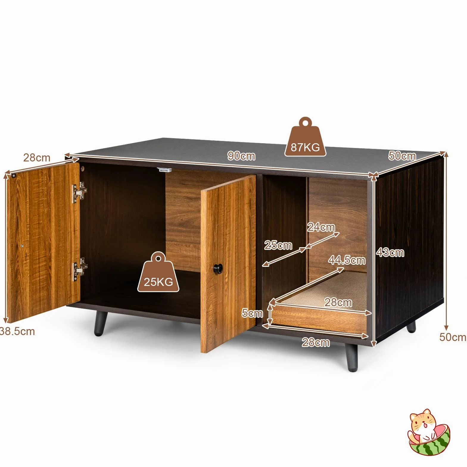FANTASK Casetta laterale 2 in 1, tavolo e armadietto per gatti con 2 ante, tavolino da caffè e lettiera per gatti, in legno, con design impermeabile, buona circolazione dell'aria, 90 x 50 x 50 cm
