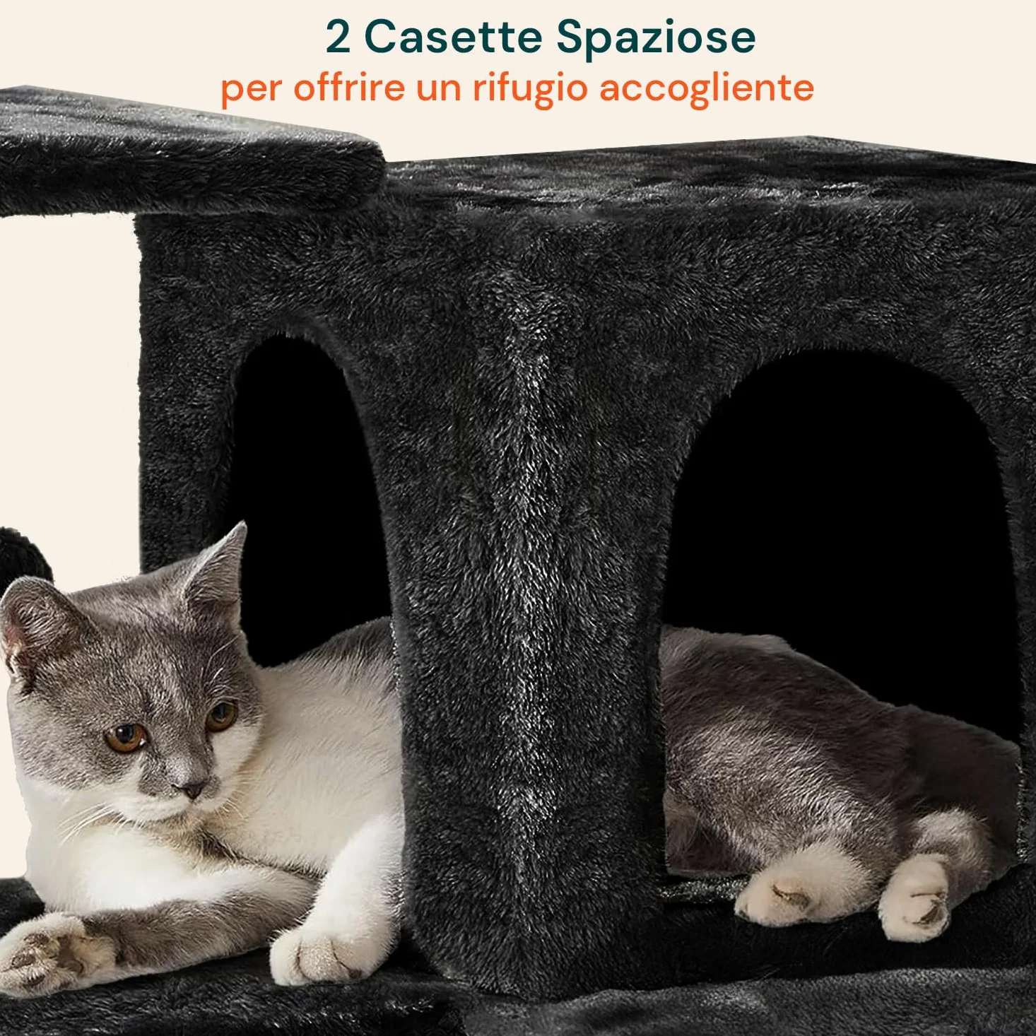 Tiragraffi XXL 170cm con Doppia Cuccia per Gatti Adulti, Albero Giochi in Sisal e Peluche, Piatteforme Relax, Ampio e Sicuro per il Massimo Divertimento dei Gatti Nero