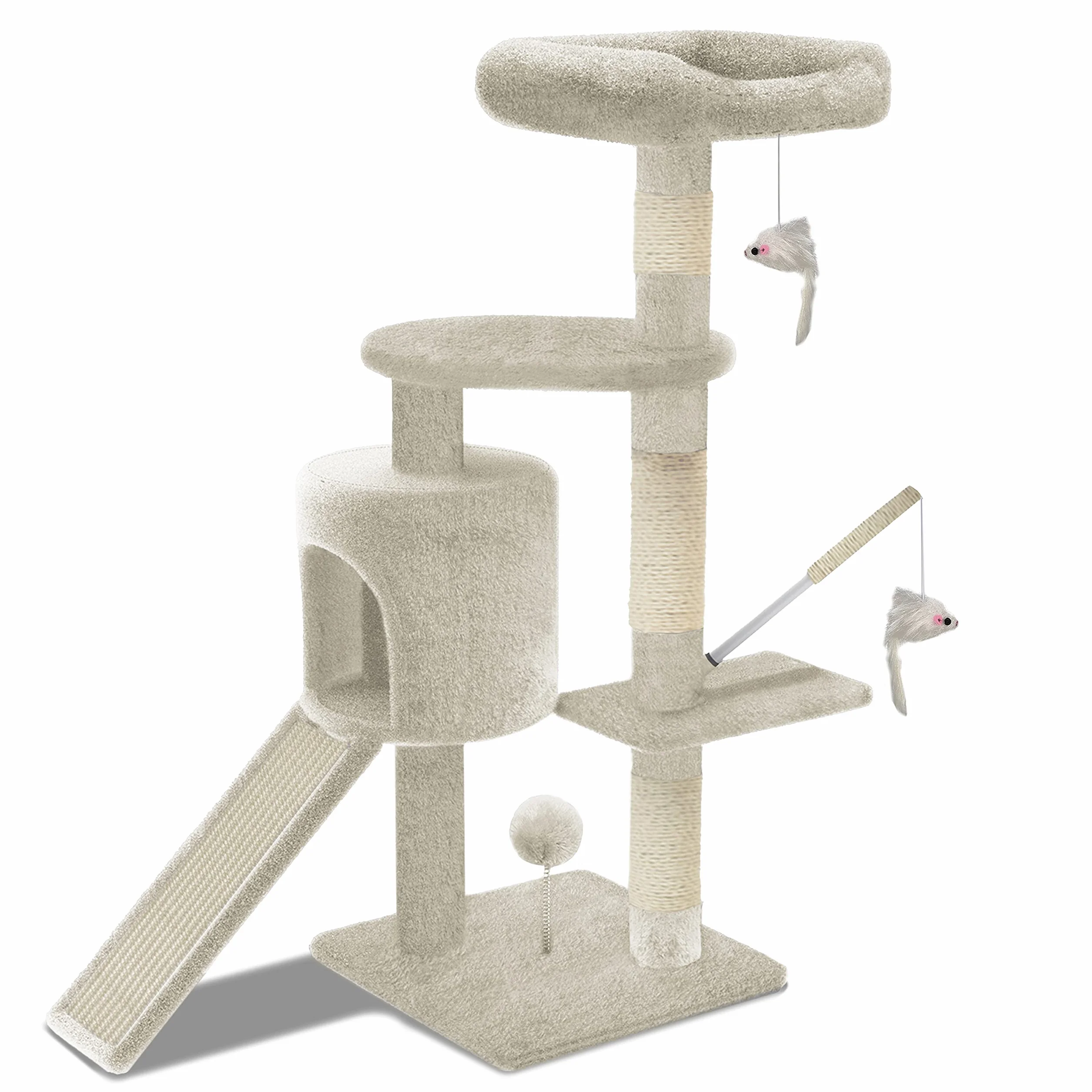 VOUNOT® Tiragraffi per Gatti, Albero Tiragraffi Gatto di Naturali Sisal con Cuccia Graffiatoio, 112cm, Beige