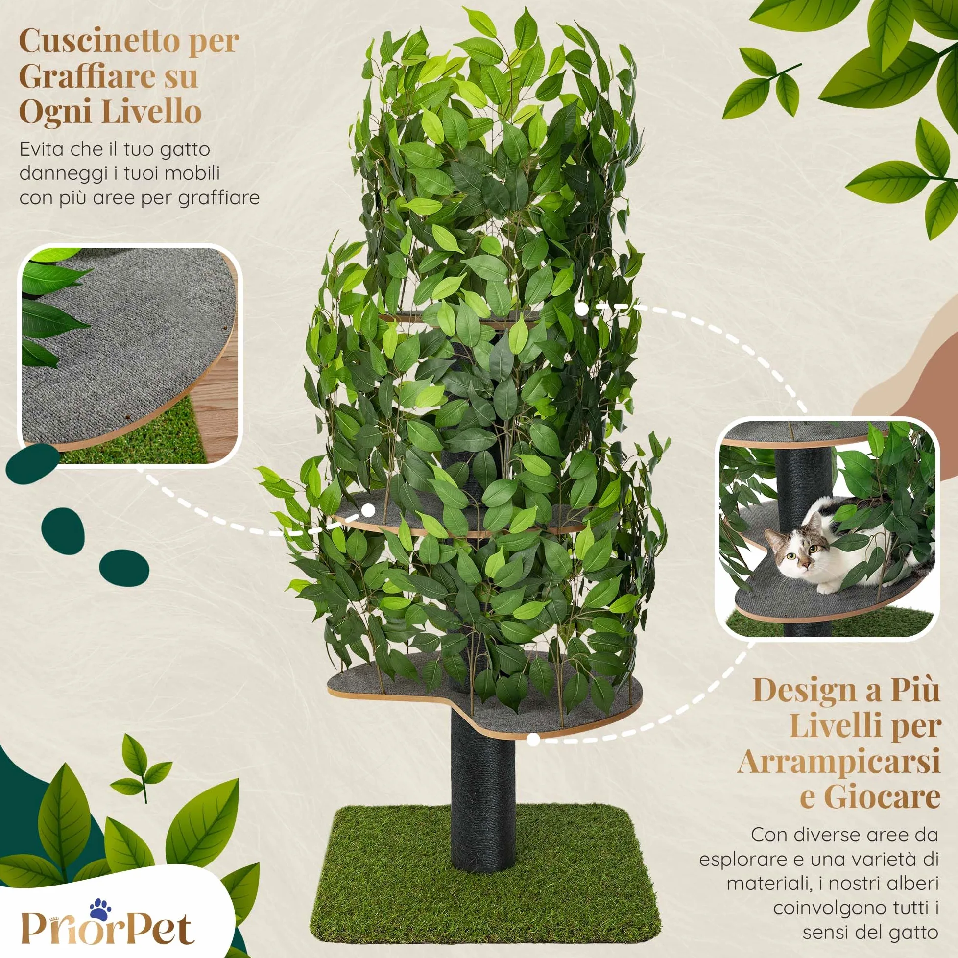 Albero per gatti con Foglie Intercambiabili - Brevettato Tiragraffi per Gatti Adulti, per Arrampicarsi Nascondersi e Dormire - Più Livelli, Facile da Montare - Tiragraffi Gatto Costruzione Robusta