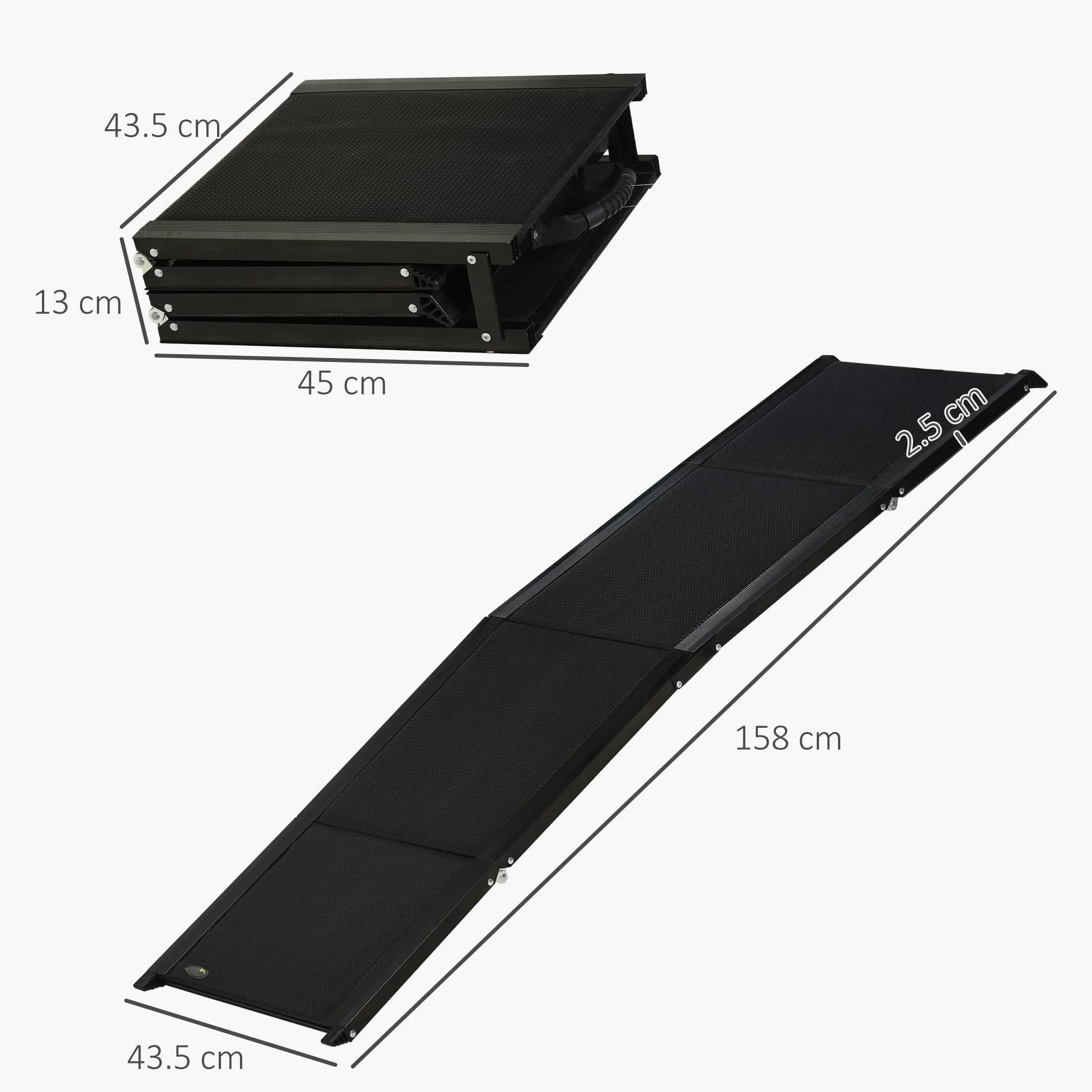 PawHut Rampa per Cani Pieghevole con Superficie Antiscivolo, Pedana per Cani con Profili in Alluminio, 158x43.5x2.5cm, Nero