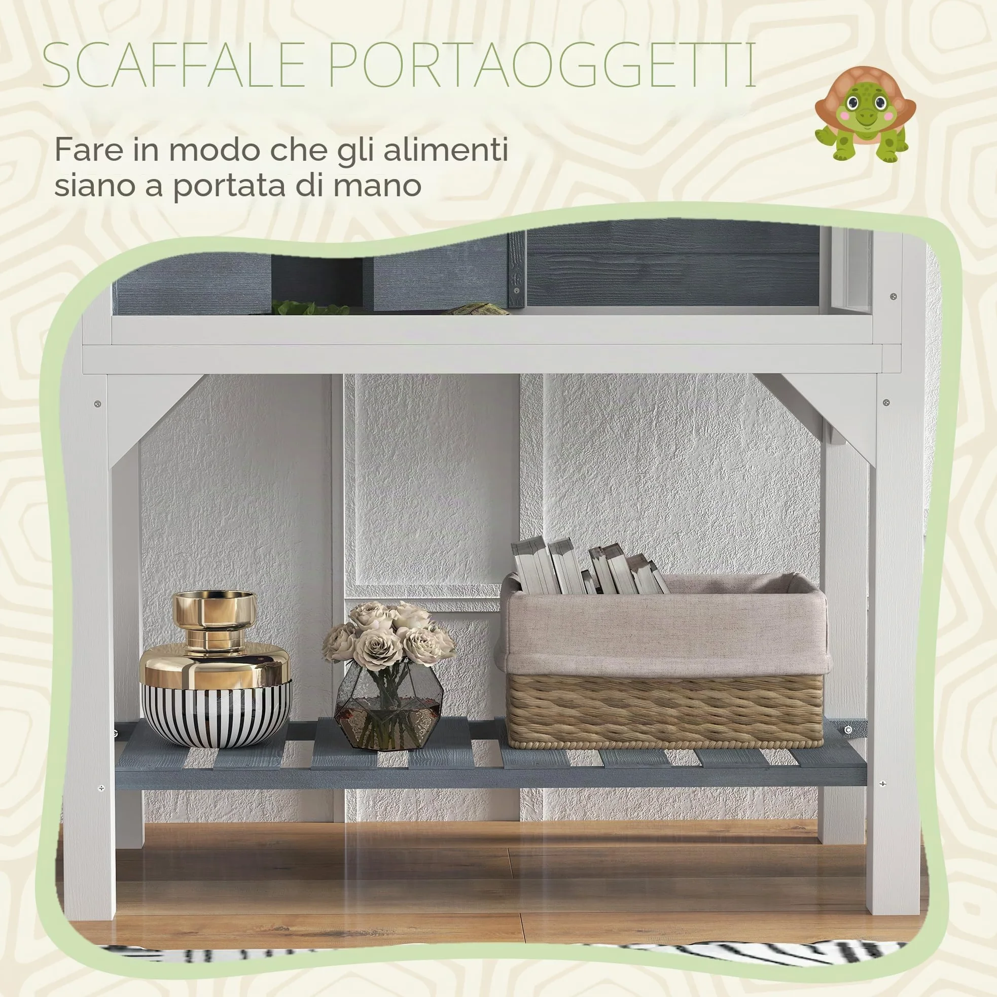 PawHut Casa per tartarughe su piedini a 2 zone - terrario per tartarughe terrestri con tetto apribile e zona interattiva - recinto 90 cm, supporto lampada, vista panoramica e ripiano - grigio