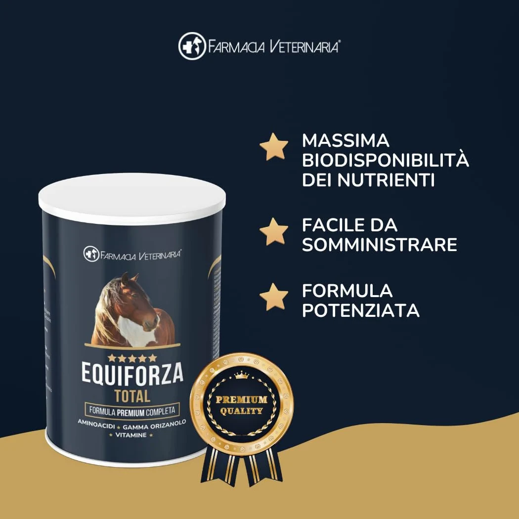 Equiforza Total Integratore in Polvere per Cavalli con BCAA, L-Carnitina, Gamma Orizanolo e Spirulina, Sviluppo Muscolare, Energia e Recupero, 1,5 kg