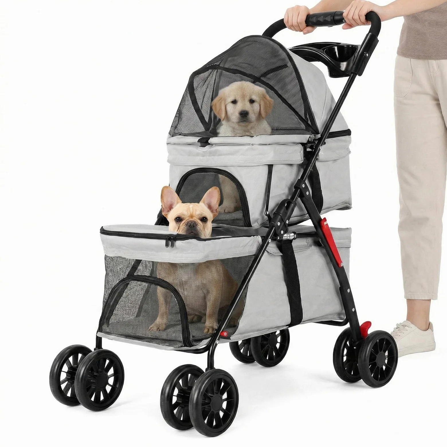 Passeggino per animali domestici a doppio strato per cani e gatti di piccola e media taglia, 3 in 1, pieghevole, passeggino da viaggio leggero, 100 cm x 73 cm x 49 cm (grigio)
