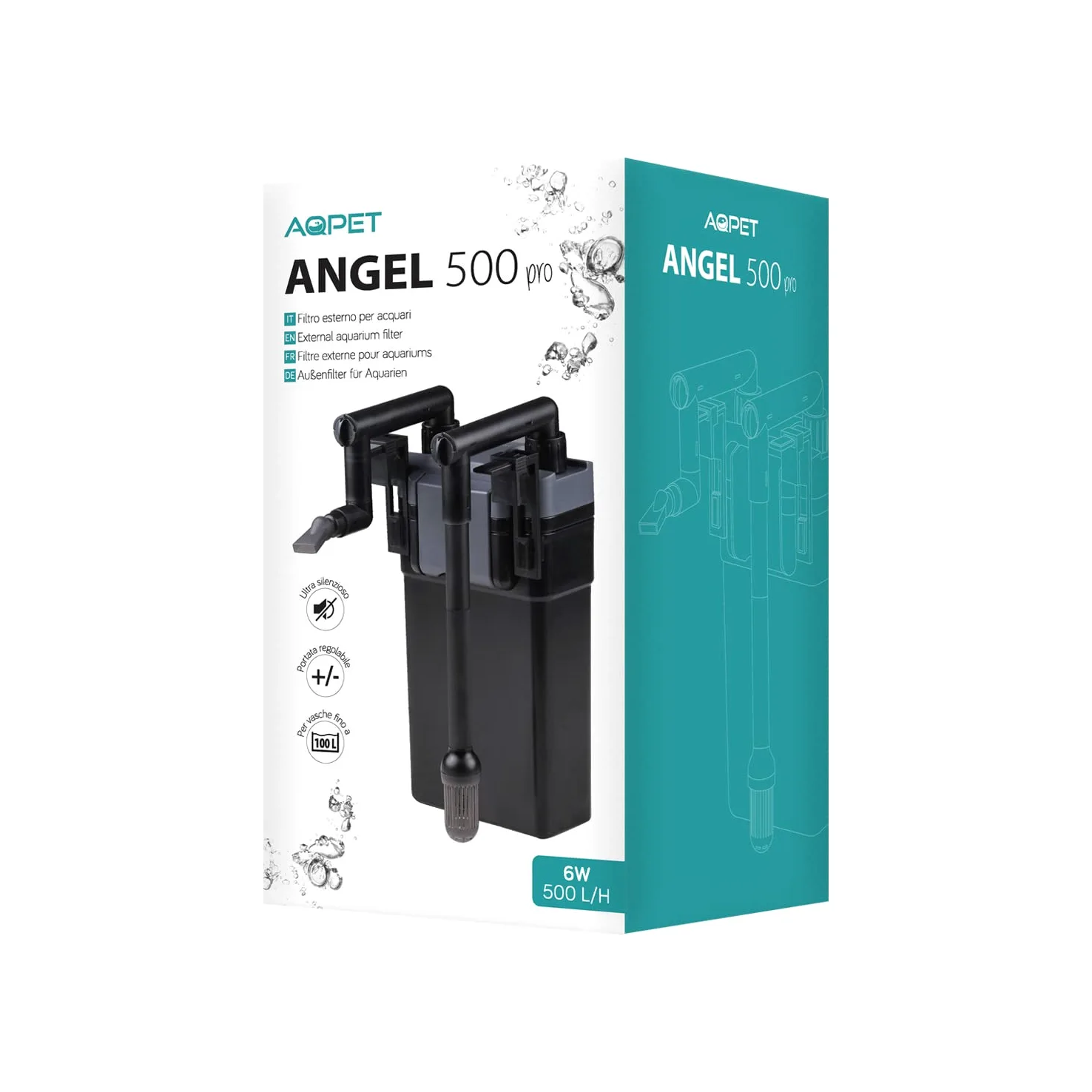AQPET Angel 500 PRO Filtro Esterno per Acquari Fino a 100 Litri Completo di Spugne e Materiale Filtrante, Grigio