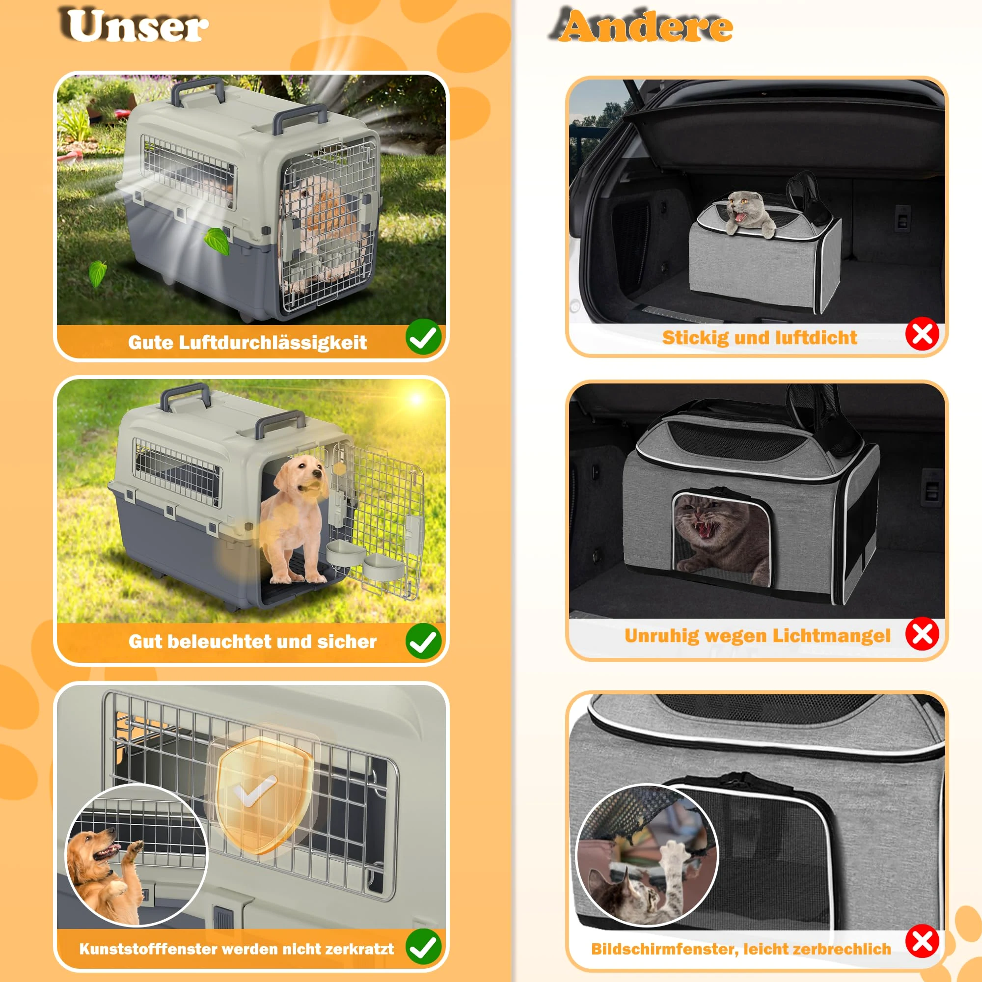 Trasportino per cani con ruote di trasporto, trasportino per gatti, in plastica, con porta di ventilazione, grande trasportino per cani (67 x 51 x 58,5 cm)