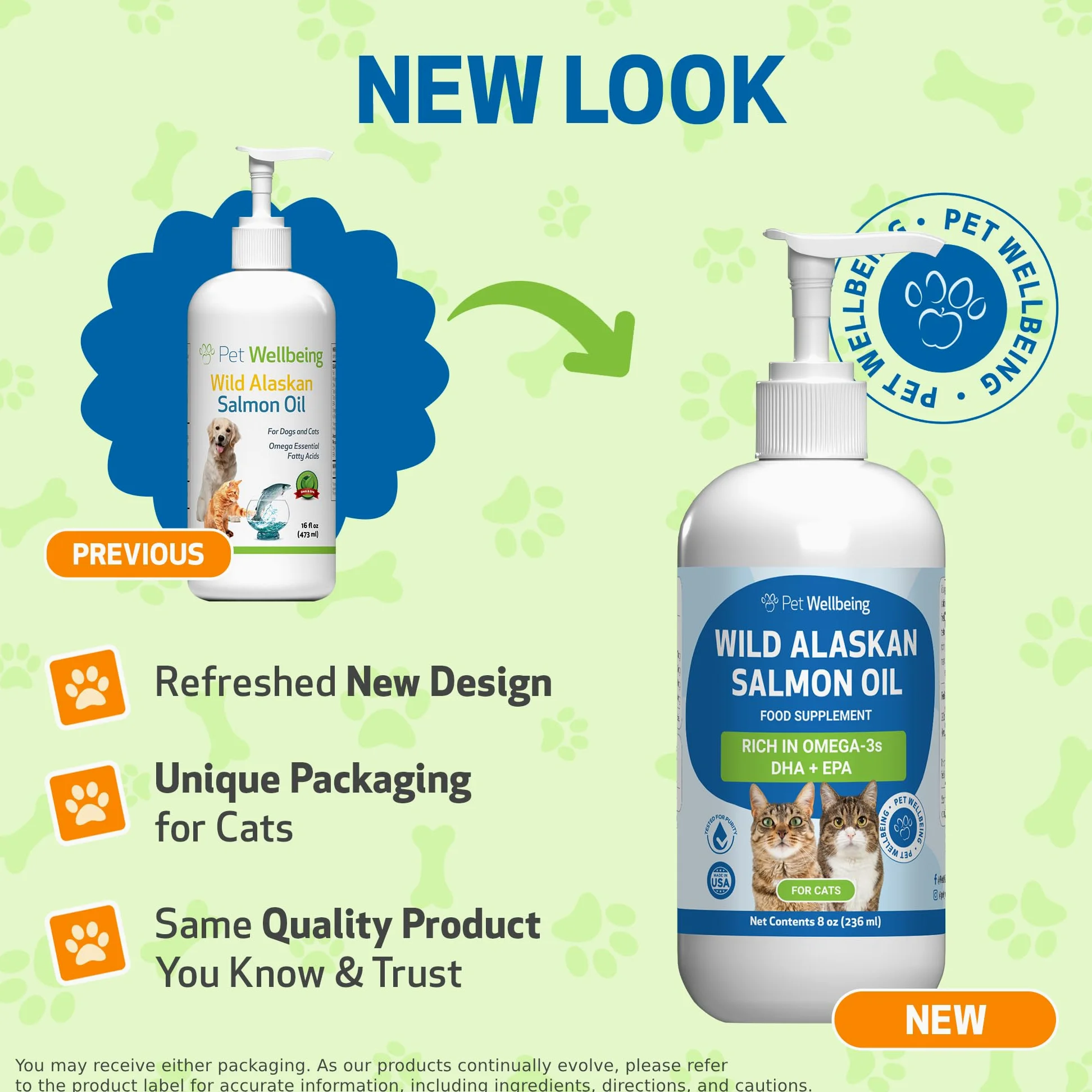 Pet Wellbeing Olio di salmone selvatico dell'Alaska per gatti, olio di pesce omega-3 catturato in natura, lavorato a freddo, per pelo e pelle sani, mobilità e forza articolari, EPA, DHA, 236 ml