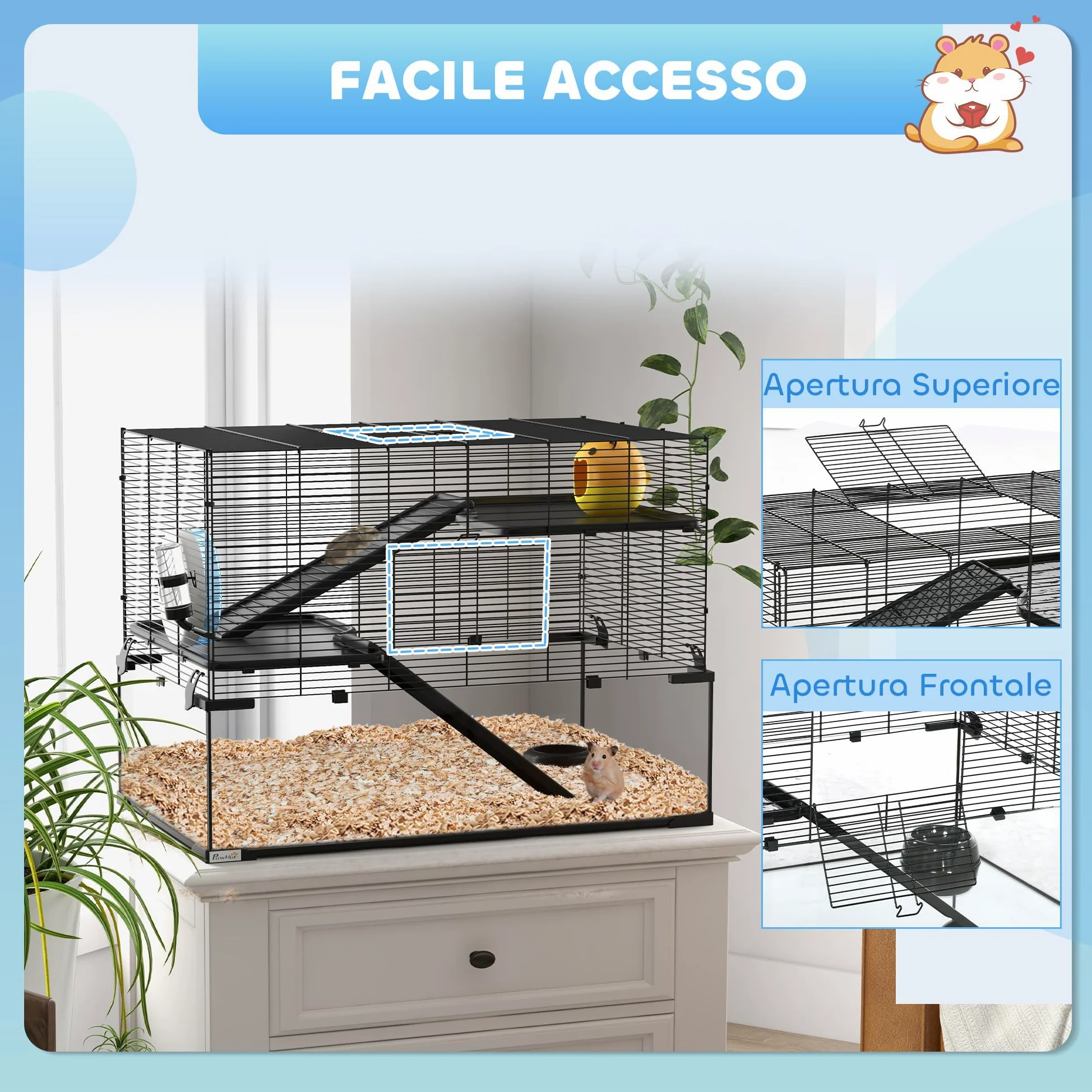 PawHut Gabbia per Criceti, Gabbietta per Criceti, Gerbilli e Piccoli Animali in Filo d'acciaio e Vetro con Ruota, Piattaforme, Rampe, Base Rimovibile, Beverino e Mangiatoia, 76.5x48.5x54.5 cm, Nero