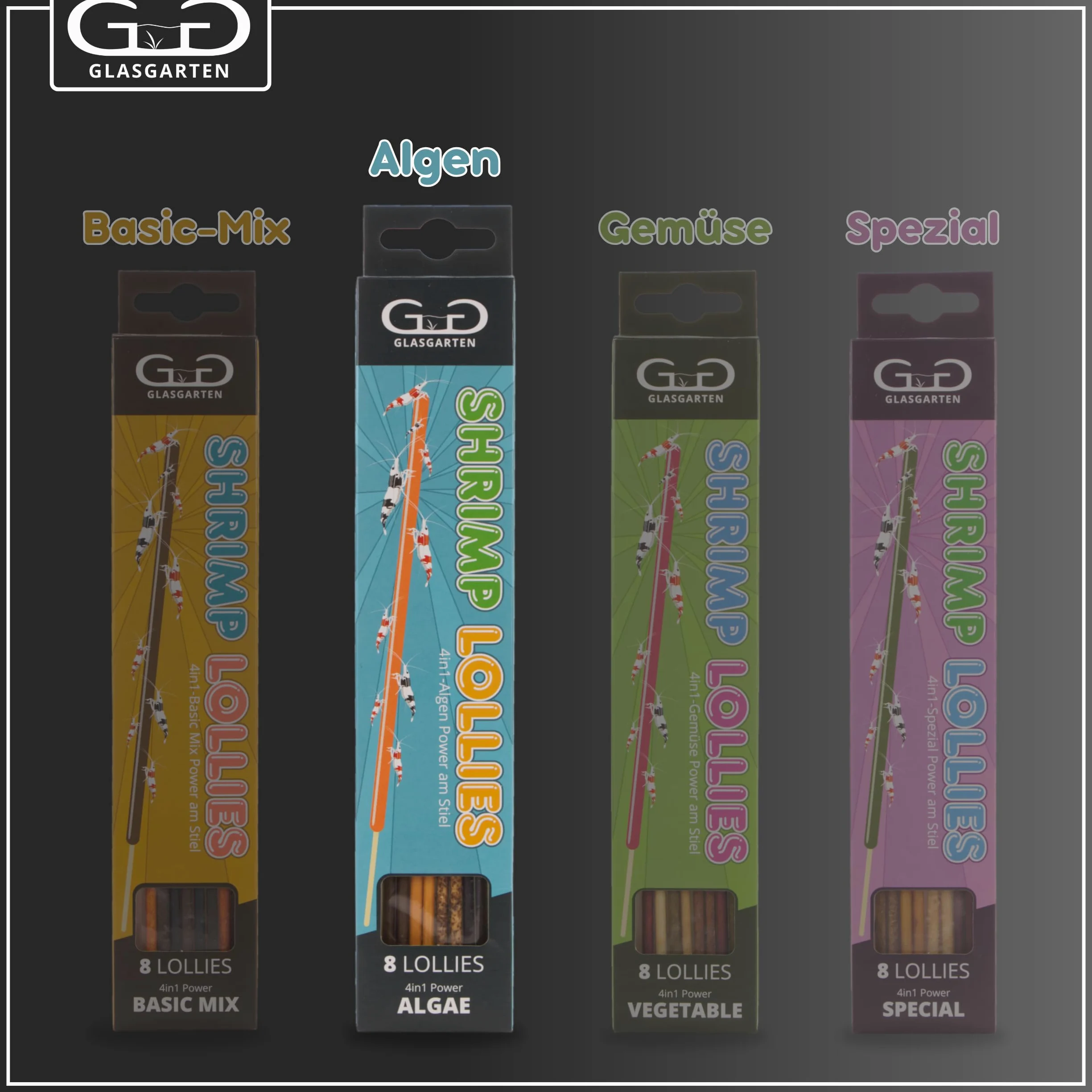 GlasGarten Shrimp Lollies 4 in 1 Algen Power | 8 pezzi / 20 cm – Bastoncini per mangime per gamberetti decorativi, con 4 diversi sapori, pasta di alta qualità in stile