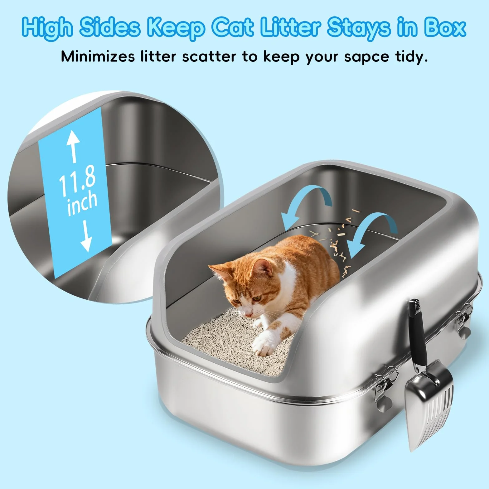 Lettiera per gatti in acciaio inox xl, 60x40x30cm Lettiera semi-chiusa in metallo con recinzione alta, paletta lettiera, antiaderente, facile da pulire
