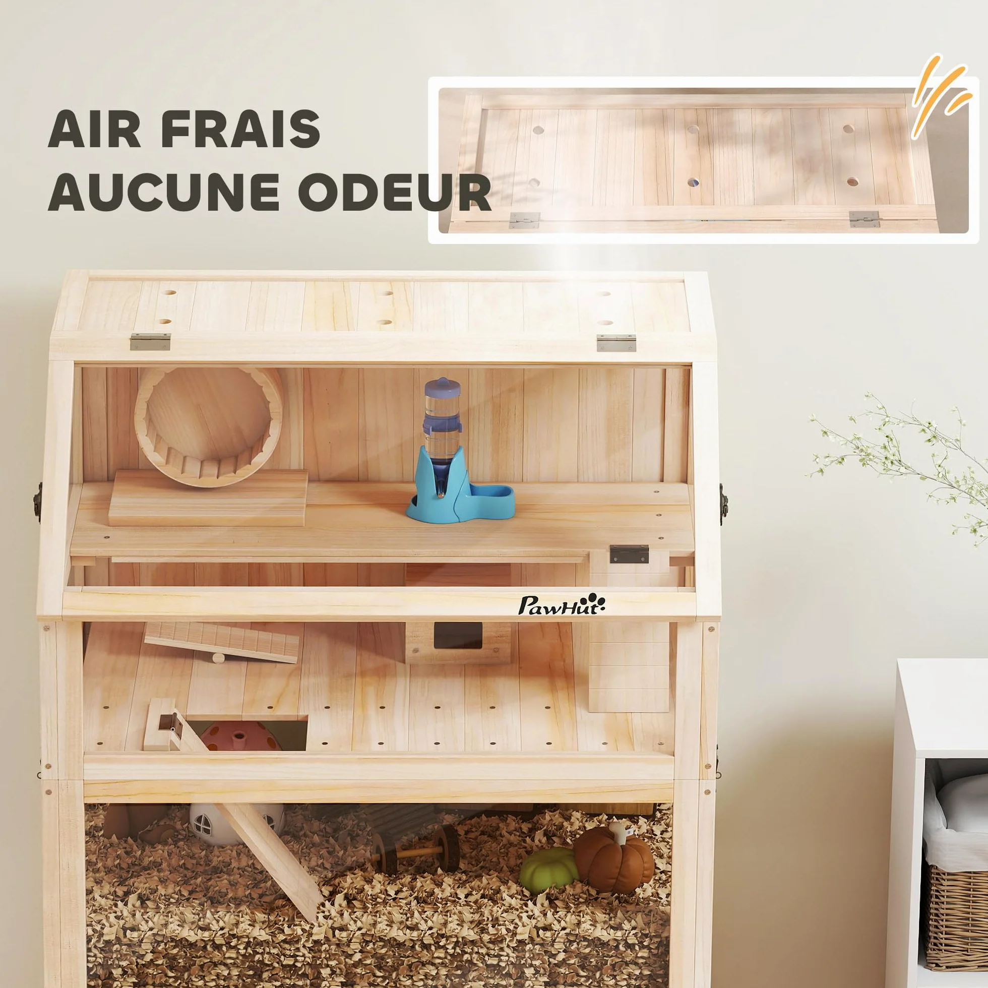 PawHut Gabbia per criceto in legno XXL – Habitat per roditori a 3 piani con pannello acrilico e ruota – Casa piccolo animale di lusso con accessori e ripiano di stoccaggio, 80 x 53 x 117 cm, effetto
