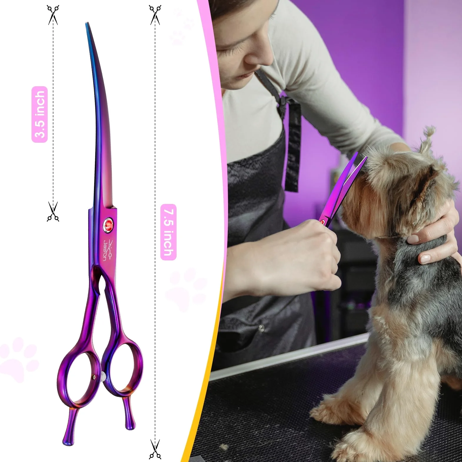 JASON Forbici professionali curve per cani - Forbici per cani da toelettatura da 7,5" Forbici per animali domestici per la toelettatura di cani e gatti (curve verso il basso, viola)