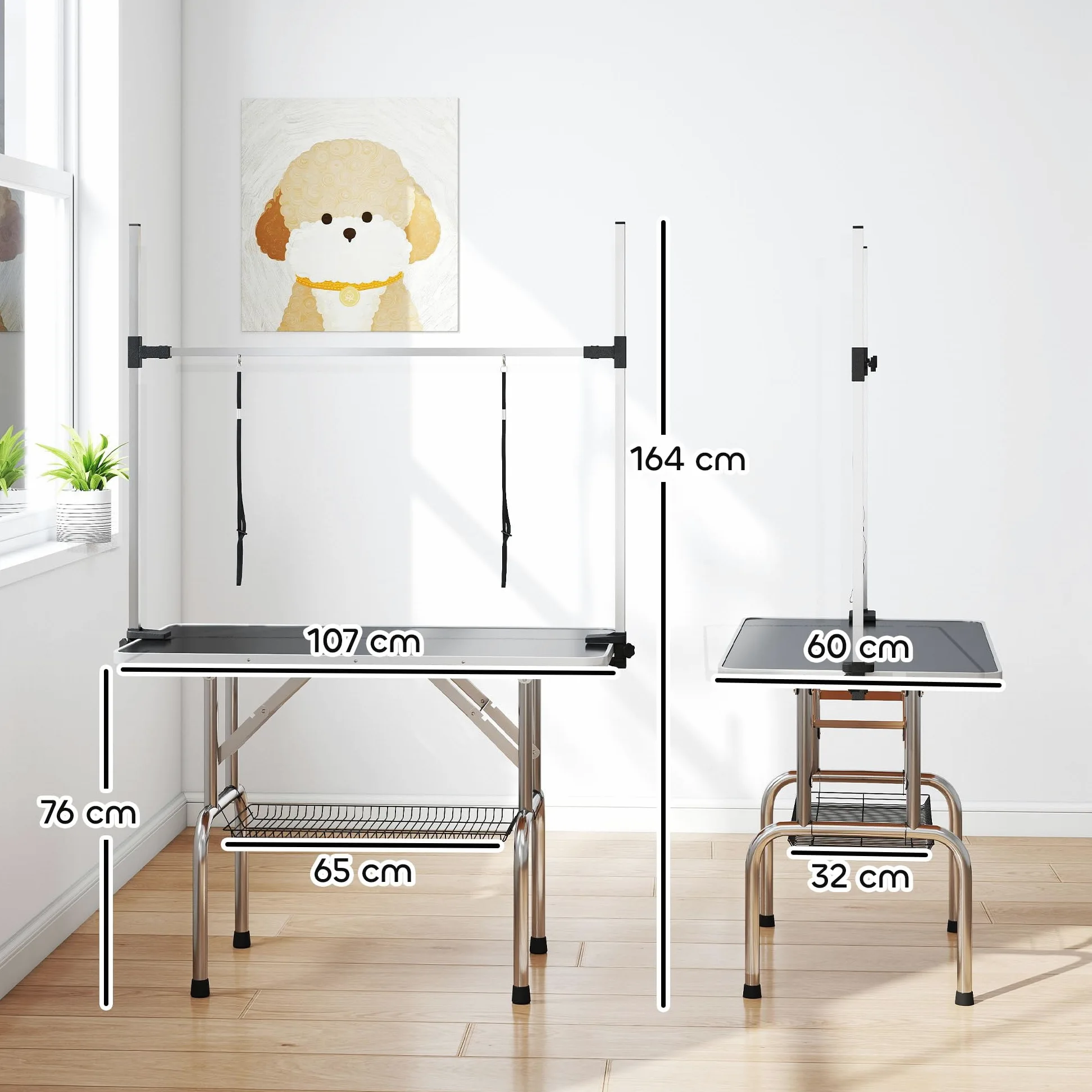 PawHut Tavolo da toelettatura per animali domestici Tavolo da toelettatura pieghevole con portaoggetti Telaio in acciaio Altezza regolabile 20-80 cm 107x60x170 cm Nero