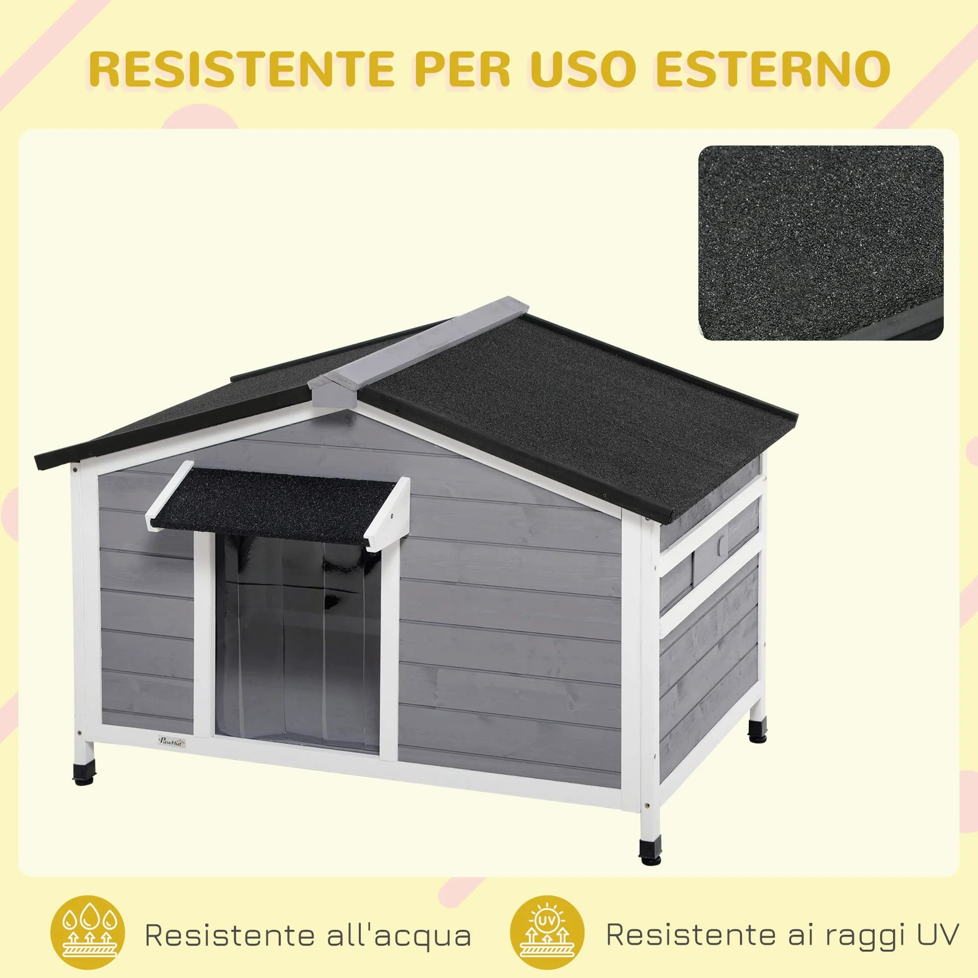 PawHut Casetta per Cani Taglia Piccola e Media in Legno di Abete, Design Rialzato con Tenda Protettiva, 2 Finestre e Fondo Rimovibile, 109x79x72 cm