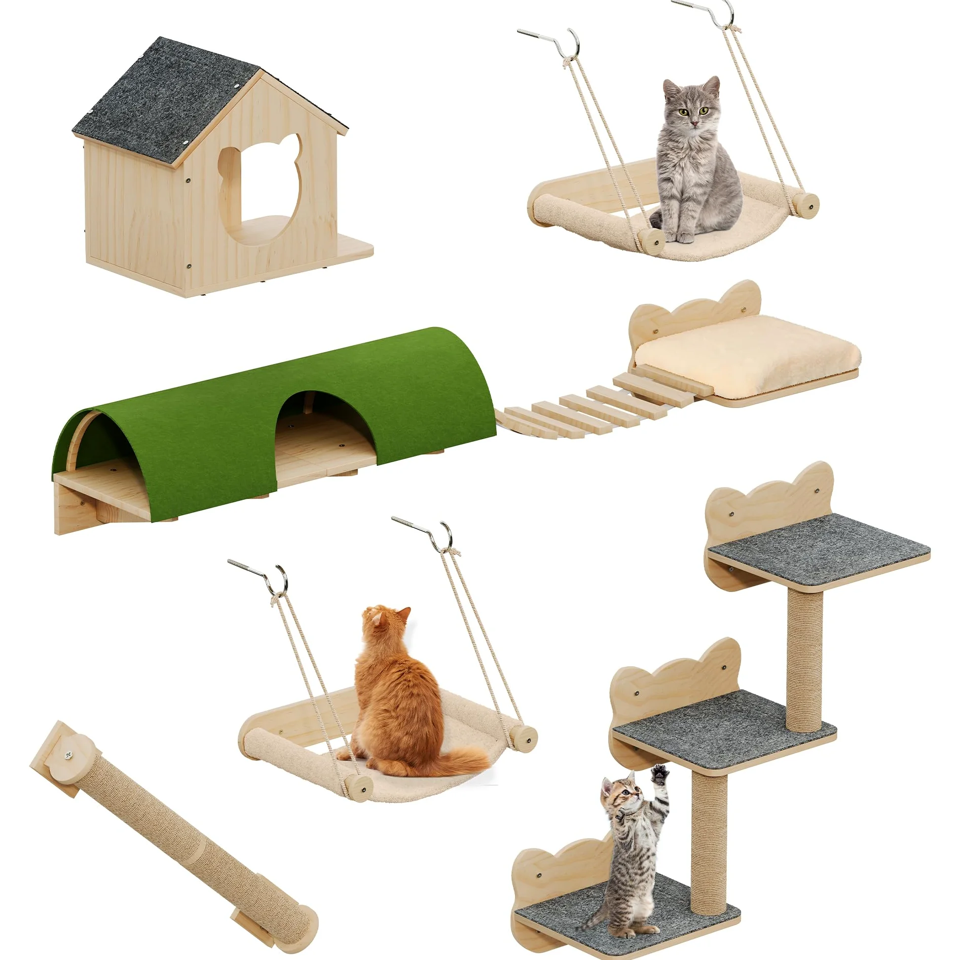 YITAHOME Set da parete per gatti in legno robusto, 7 ripiani con casa, ponte sospeso, scale, amaca e tiragraffi per dormire, giocare e riposare