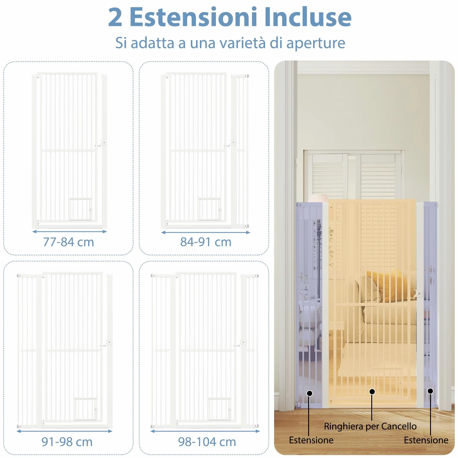 COSTWAY Porta per Animali Domestici Extra Alta, Cancello per Gatti in Metallo Pesante con Apertura da 77-104 cm, 2 Kit di Estensione, Porta Facilmente Percorribile (77-104 cm x 150 cm)