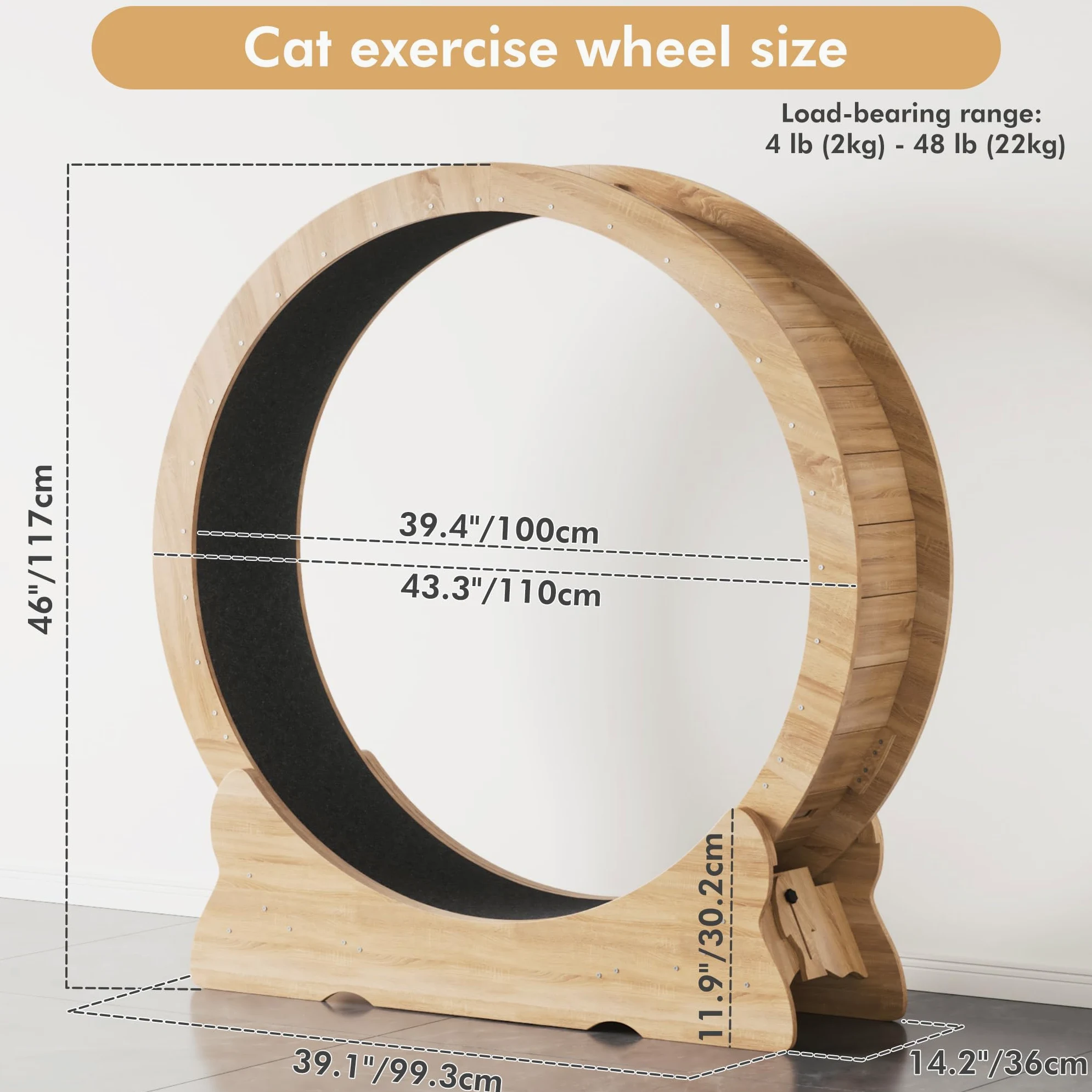 Mondeer Ruota per gatti, 110 cm, XL, tapis roulant con tappeto rimovibile e teaser per gatti, per corsa, camminata e allenamento (legno naturale)