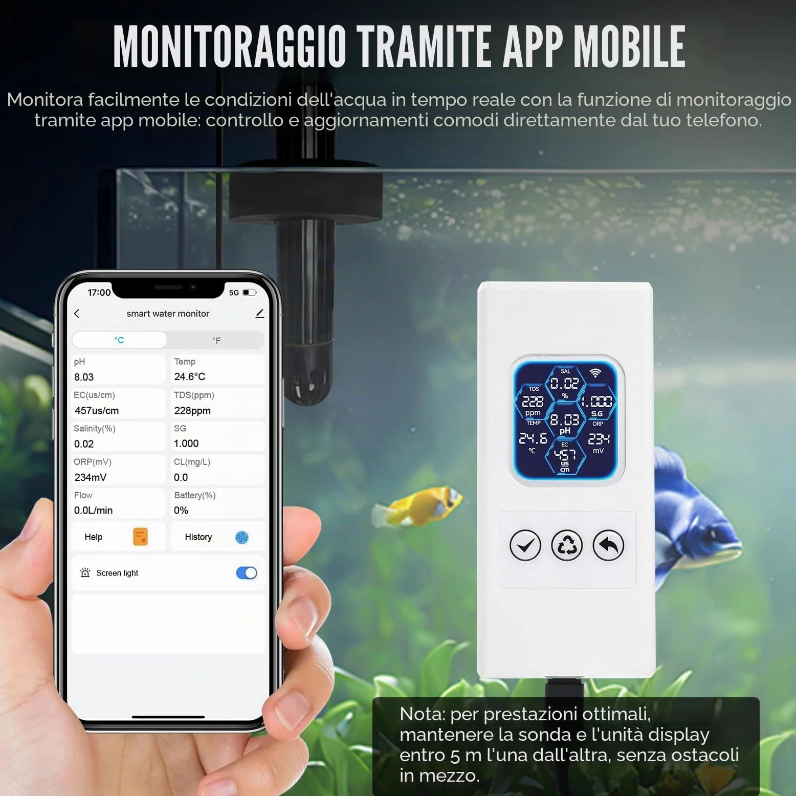 TEKCOPLUS Monitore di qualità dell'acqua 7 in 1 senza fili WiFi – pH/ORP/TDS/EC/Salinità/SG/Temp, App Tuya, avvisi in tempo reale, display a colori ATC per acquario, acqua dolce e acqua salata