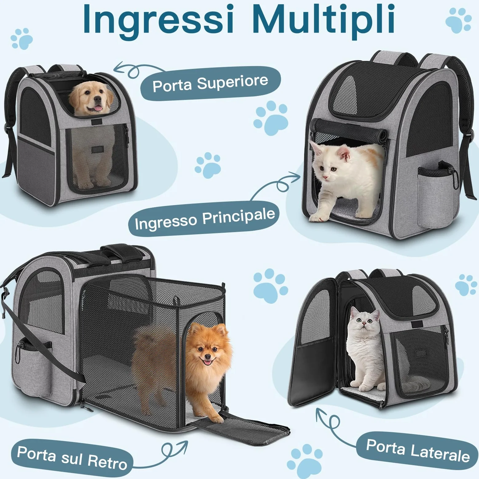 Zaino per Cani Gatti Estensibile, Zaino Gatto Cane 10 kg, Traspirante Zaino Porta Cane Gatto con Finestra a Rete, Zaino Trasportino Gatto Cani con Guinzaglio Interno e Tappetino per Viaggi - Grigio