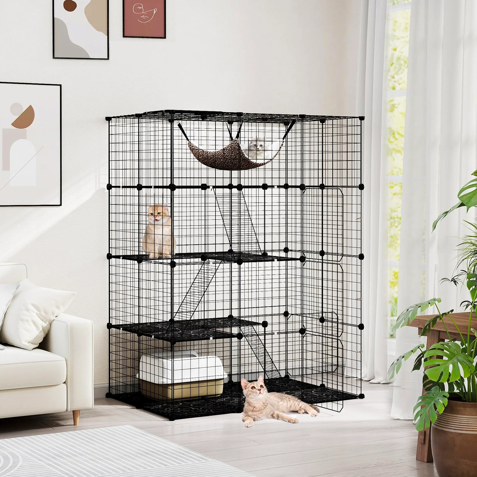 GYMAX Casa Gabbia per Gatti a più Livelli, in Metallo, Recinto per Gatti con Amaca Rimovibile, Porta, Scale, Parco in Metallo per Animali Domestici per Conigli e Cuccioli (109,5 x 74 x 142 cm)